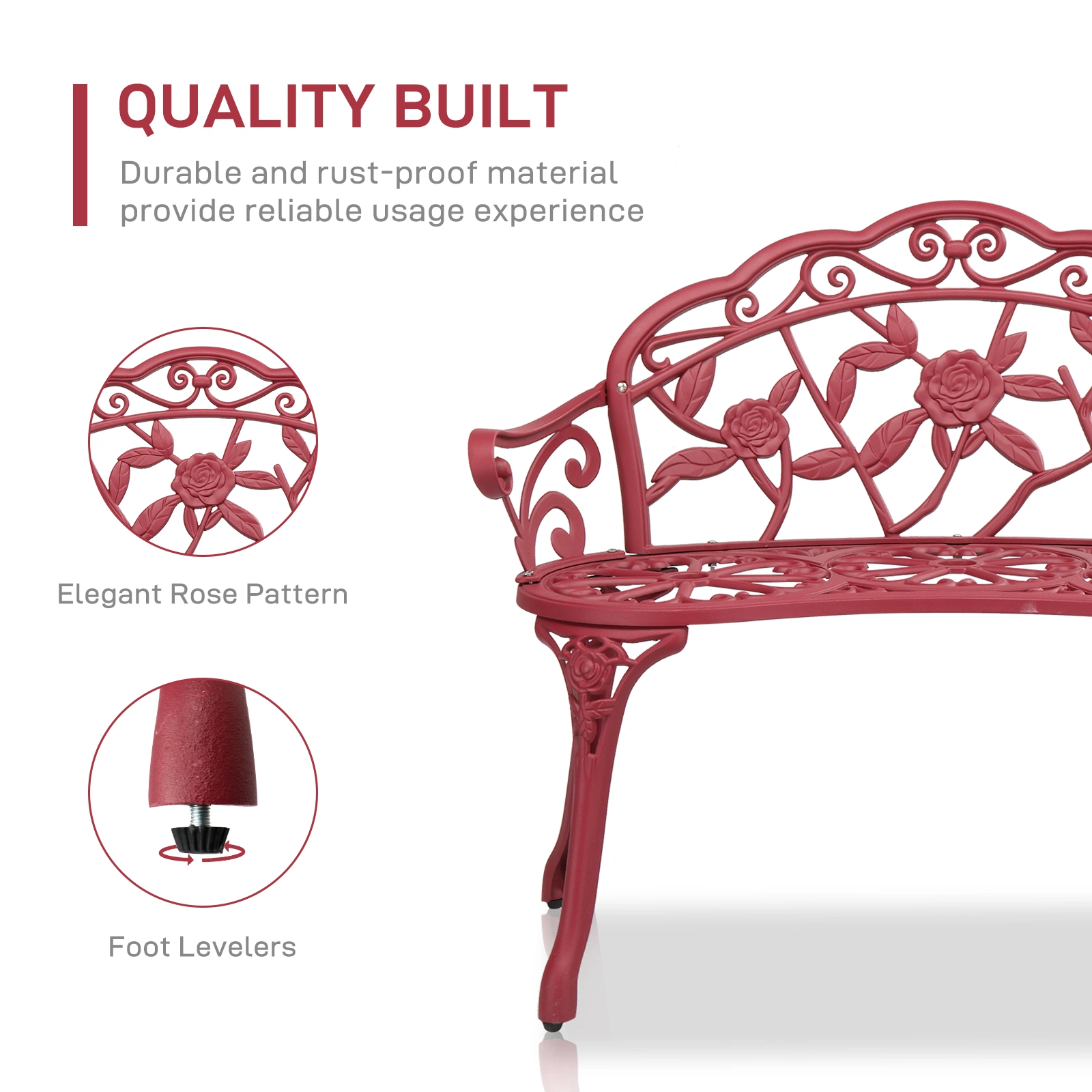 Outdoor Cast Aluminum Patio Bench, Porch Bench Chair with Curved Legs Rose Pattern, Red view 9