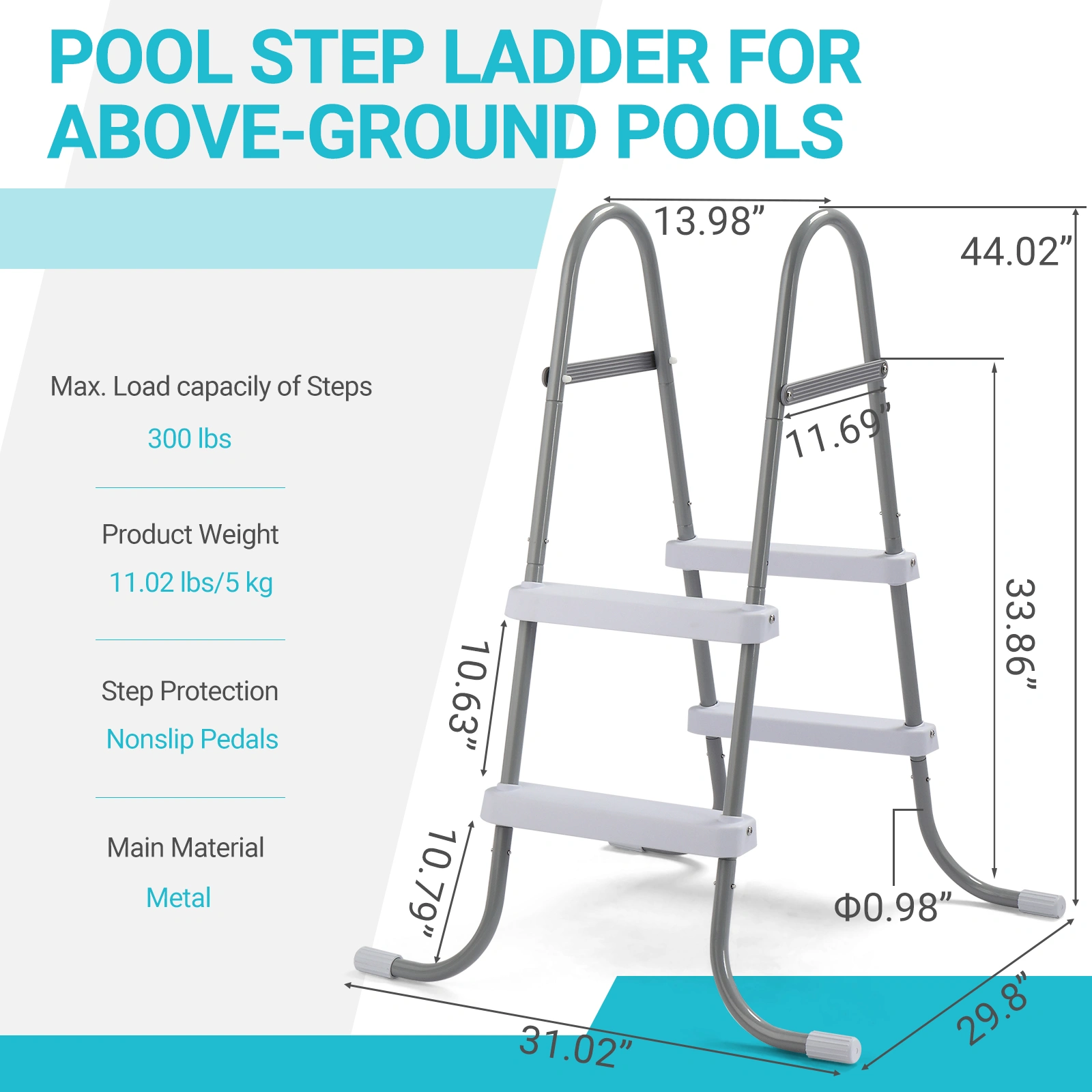 2 Steps 33in Pool Ladder Iron Grey Frame + White Steps view 14