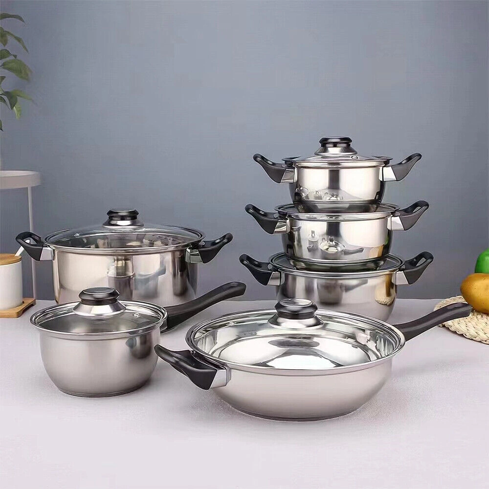 12 Piece Stainless Steel Cookware Saucepan Pot Set with Glass Lid Kitchen Cooking Pan Set