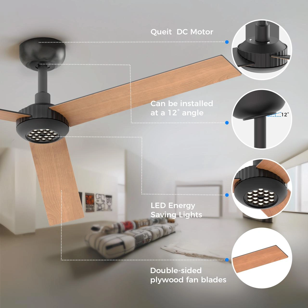 52 inch Modern Ceiling Fan with Lights,Remote Control, 3 Plywood Blades,6-Speed,Dimmable, Noiseless Reversible DC Motor,Indoor/Outdoor Ceiling Fan for Living Room Bedroom patio, 3D-X3[Unable ship on weekends, TK/TEMU only for pickup, only TX10643 war view 5