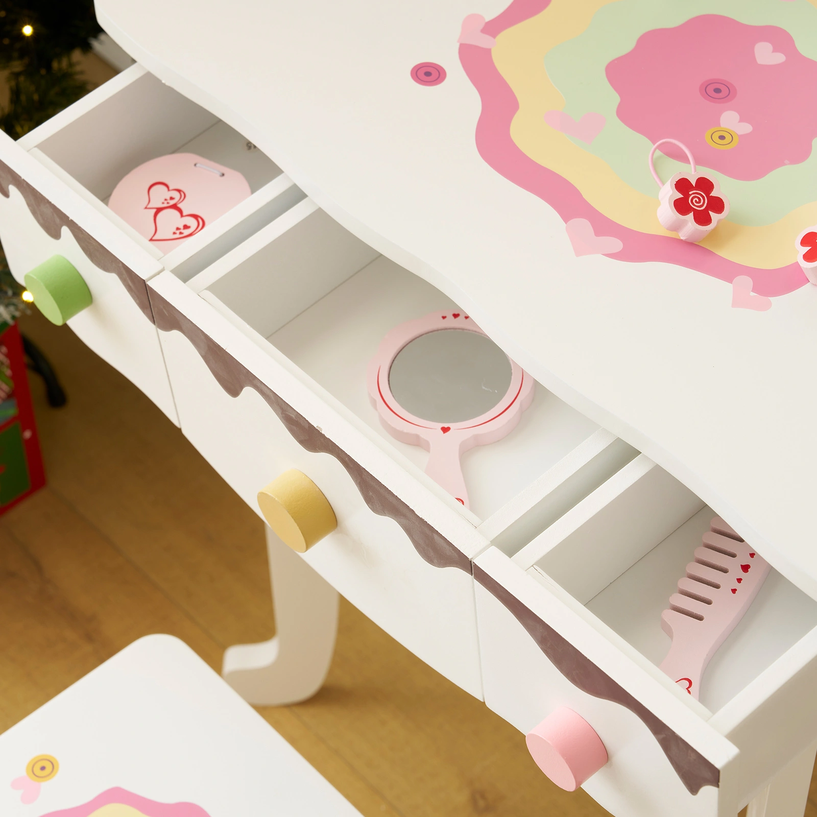 Kids Vanity Table and Chair Set with 7pcs Pretend Play Makeup Toys, Girls Vanity with Mirror & Stool, 3 Drawers & Tabletop Storage, Princess Table for Toddlers, White view 10