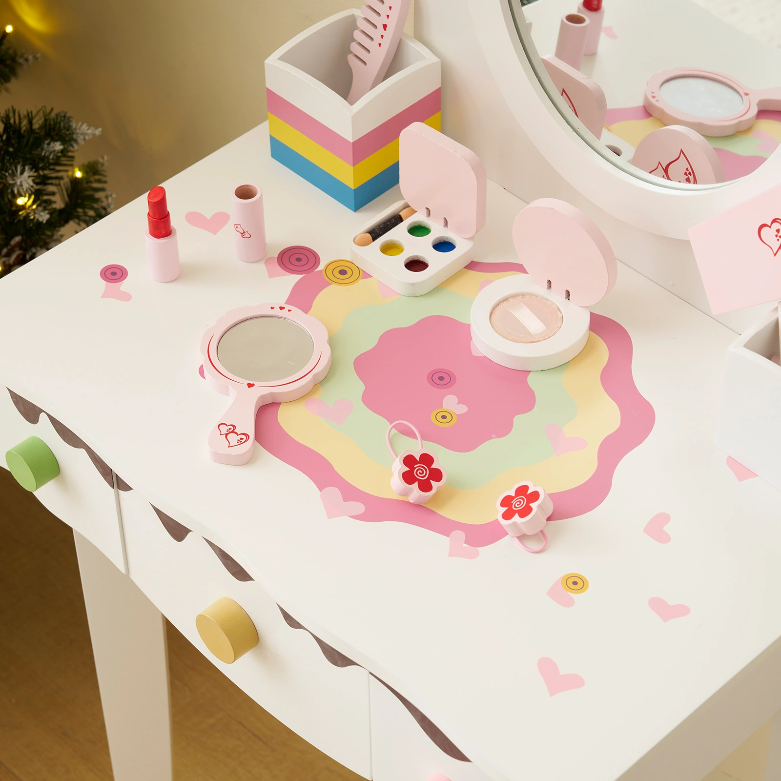Kids Vanity Table and Chair Set with 7pcs Pretend Play Makeup Toys, Girls Vanity with Mirror & Stool, 3 Drawers & Tabletop Storage, Princess Table for Toddlers, White view 11