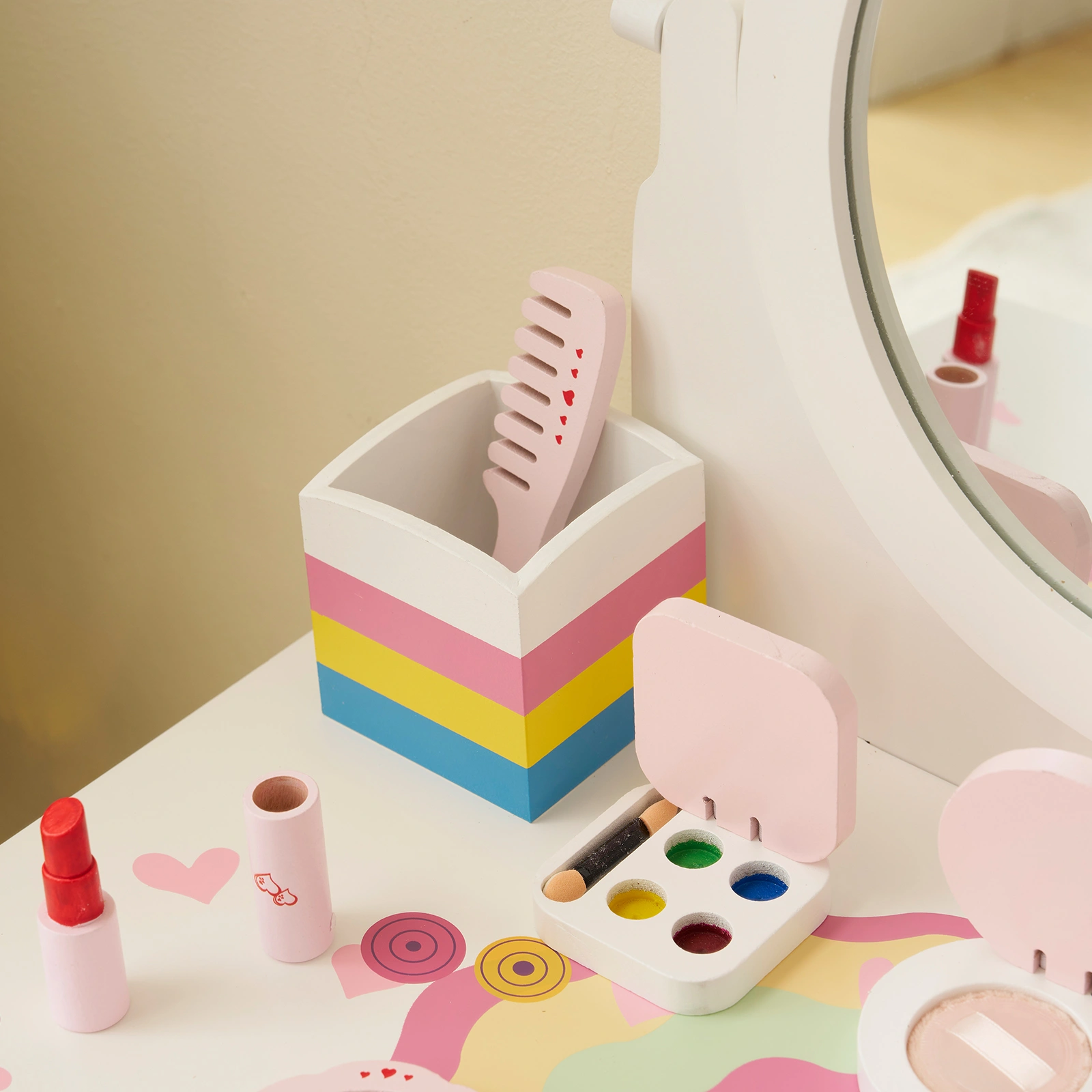 Kids Vanity Table and Chair Set with 7pcs Pretend Play Makeup Toys, Girls Vanity with Mirror & Stool, 3 Drawers & Tabletop Storage, Princess Table for Toddlers, White view 12