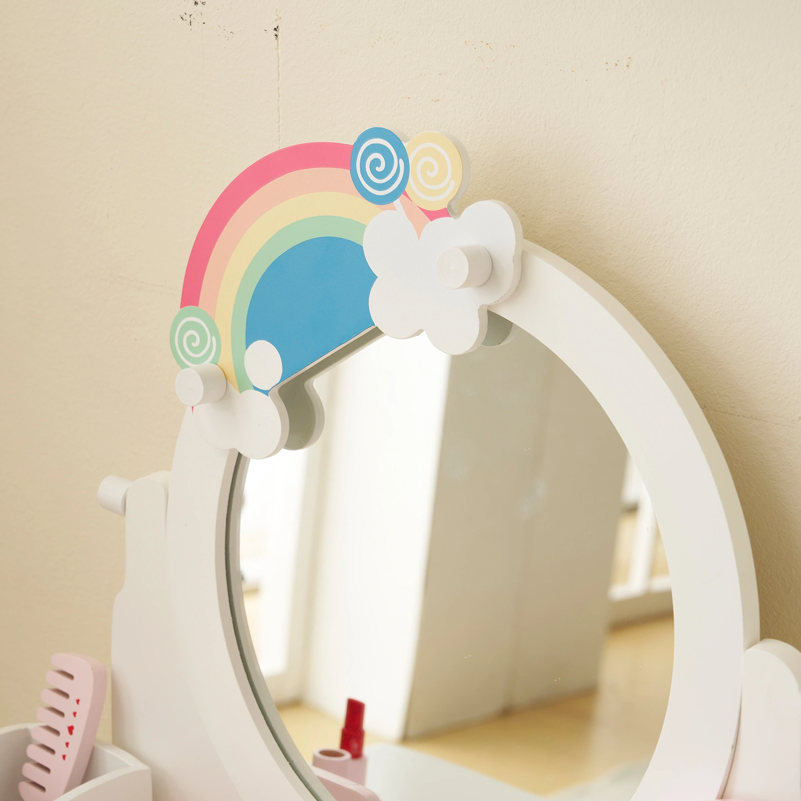 Kids Vanity Table and Chair Set with 7pcs Pretend Play Makeup Toys, Girls Vanity with Mirror & Stool, 3 Drawers & Tabletop Storage, Princess Table for Toddlers, White view 14