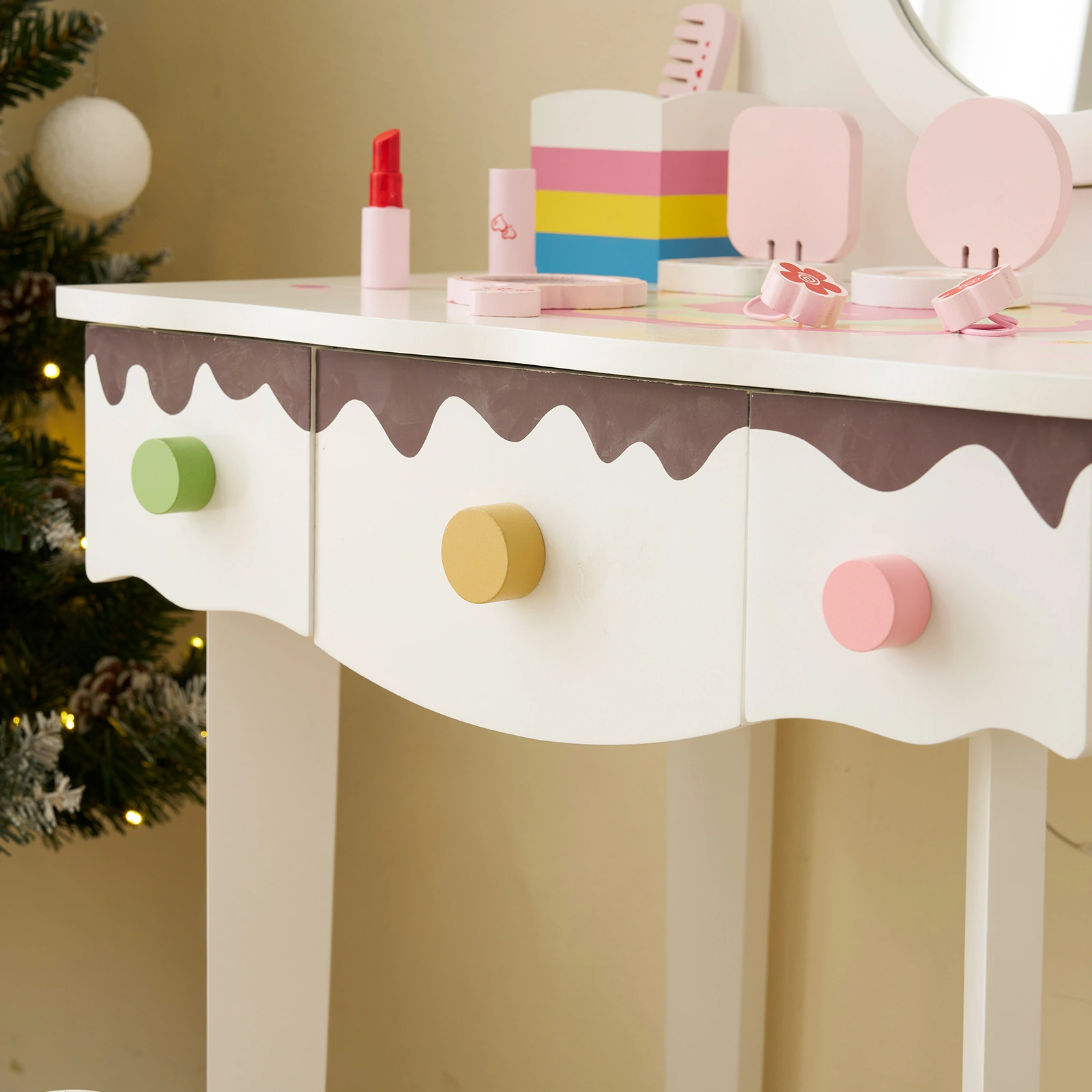 Kids Vanity Table and Chair Set with 7pcs Pretend Play Makeup Toys, Girls Vanity with Mirror & Stool, 3 Drawers & Tabletop Storage, Princess Table for Toddlers, White view 15