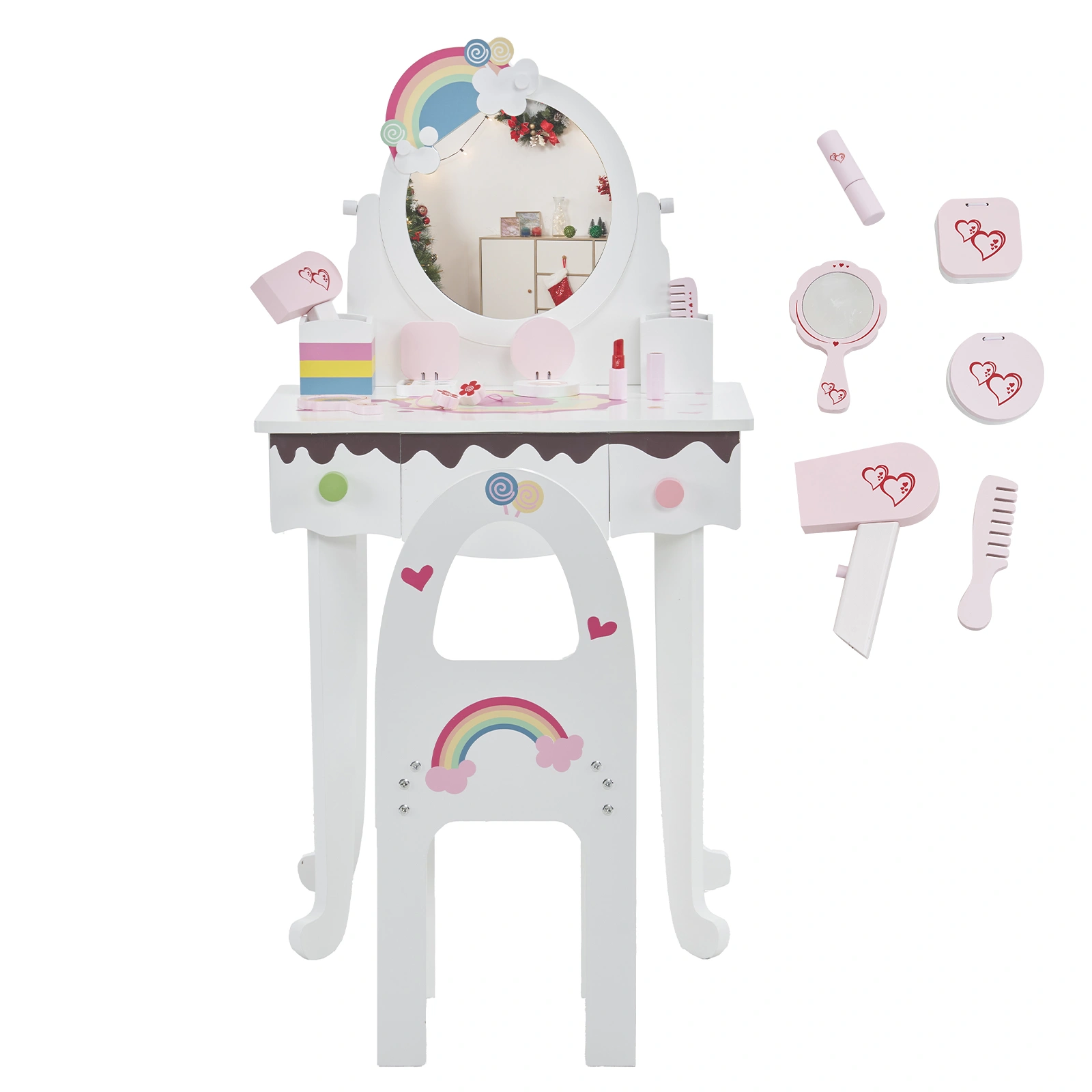 Kids Vanity Table and Chair Set with 7pcs Pretend Play Makeup Toys, Girls Vanity with Mirror & Stool, 3 Drawers & Tabletop Storage, Princess Table for Toddlers, White view 16