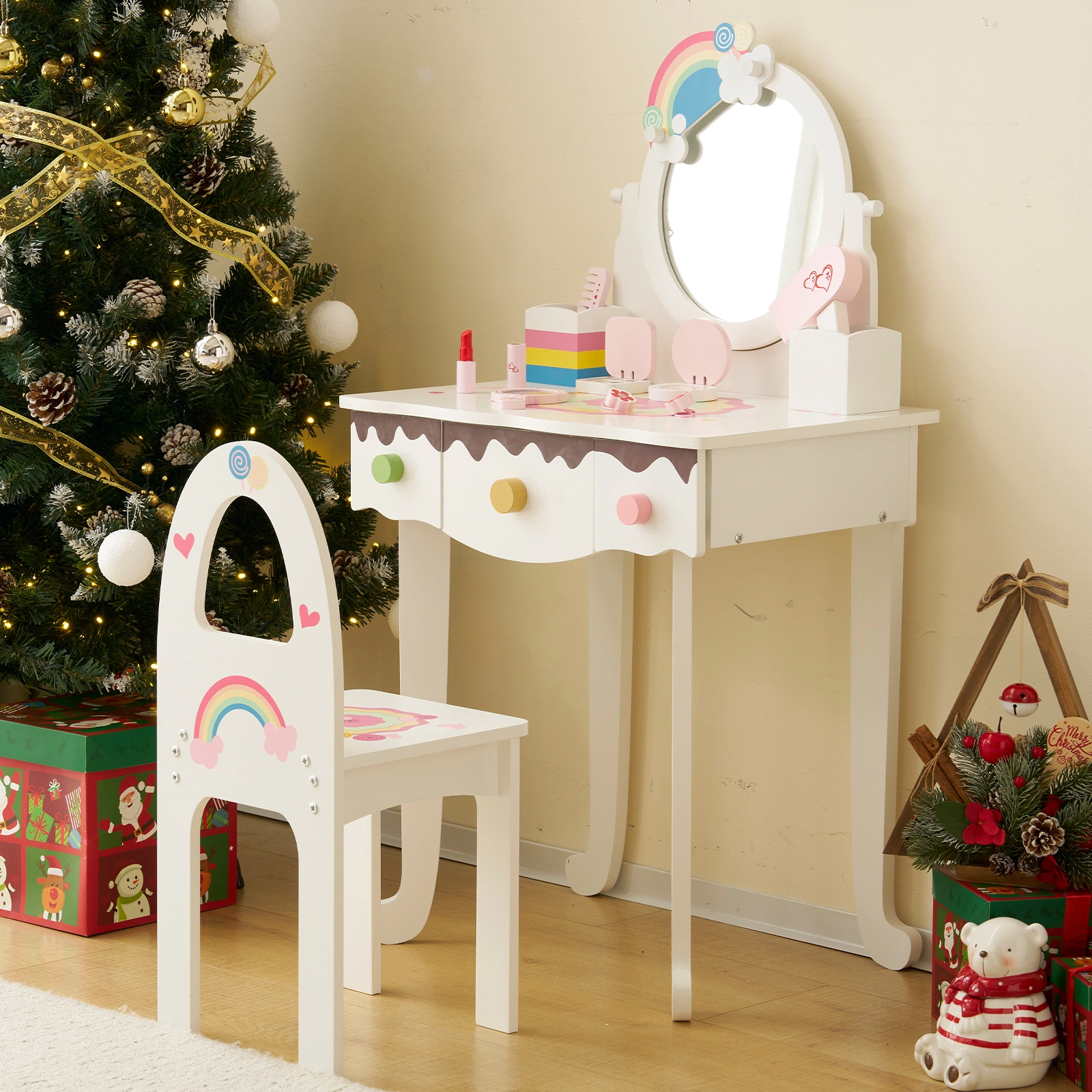 Kids Vanity Table and Chair Set with 7pcs Pretend Play Makeup Toys, Girls Vanity with Mirror & Stool, 3 Drawers & Tabletop Storage, Princess Table for Toddlers, White view 5