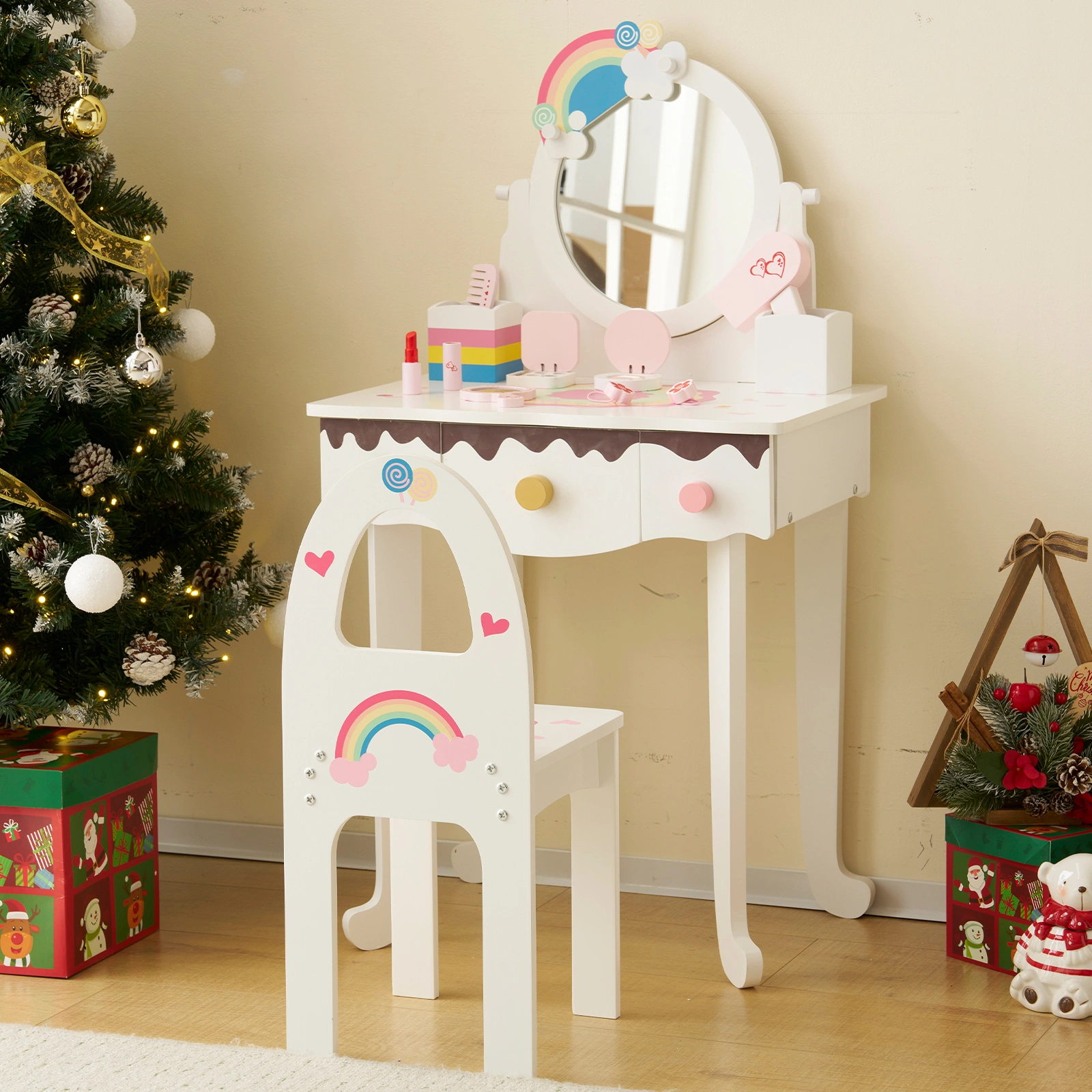 Kids Vanity Table and Chair Set with 7pcs Pretend Play Makeup Toys, Girls Vanity with Mirror & Stool, 3 Drawers & Tabletop Storage, Princess Table for Toddlers, White view 7