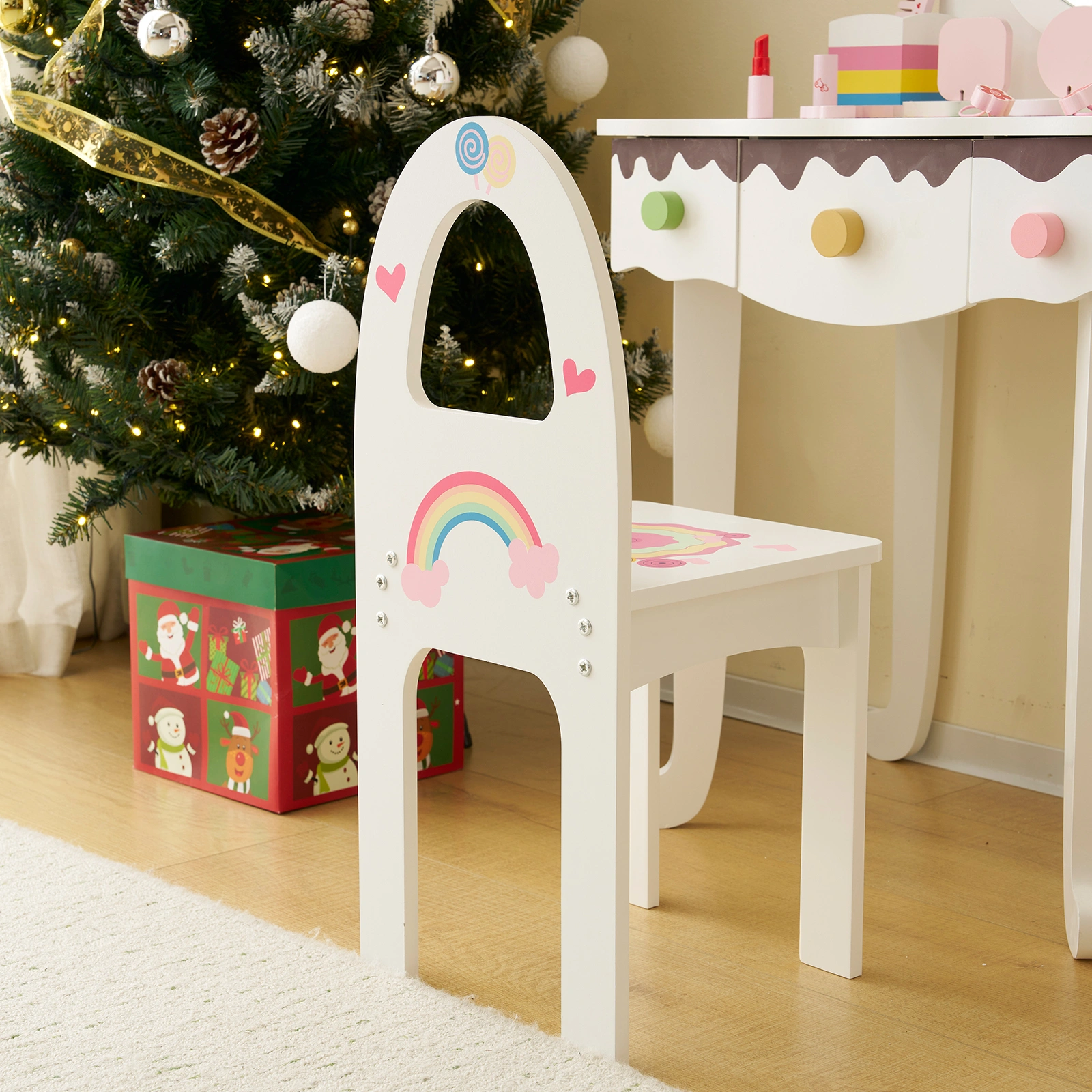 Kids Vanity Table and Chair Set with 7pcs Pretend Play Makeup Toys, Girls Vanity with Mirror & Stool, 3 Drawers & Tabletop Storage, Princess Table for Toddlers, White view 9