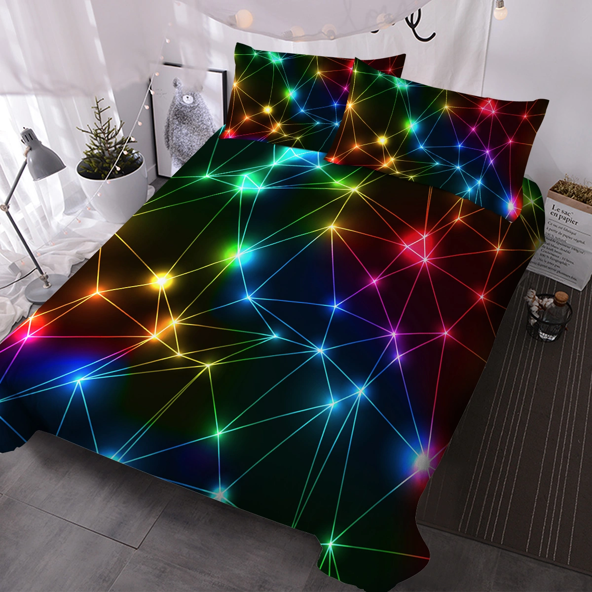3 Piece Single Duvet Cover Set, Triangle Retro Neon Glowing Rainbow Laser Sparkle Bedding Set for Boys