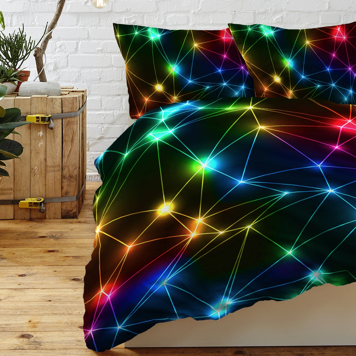 3 Piece Single Duvet Cover Set, Triangle Retro Neon Glowing Rainbow Laser Sparkle Bedding Set for Boys view 3