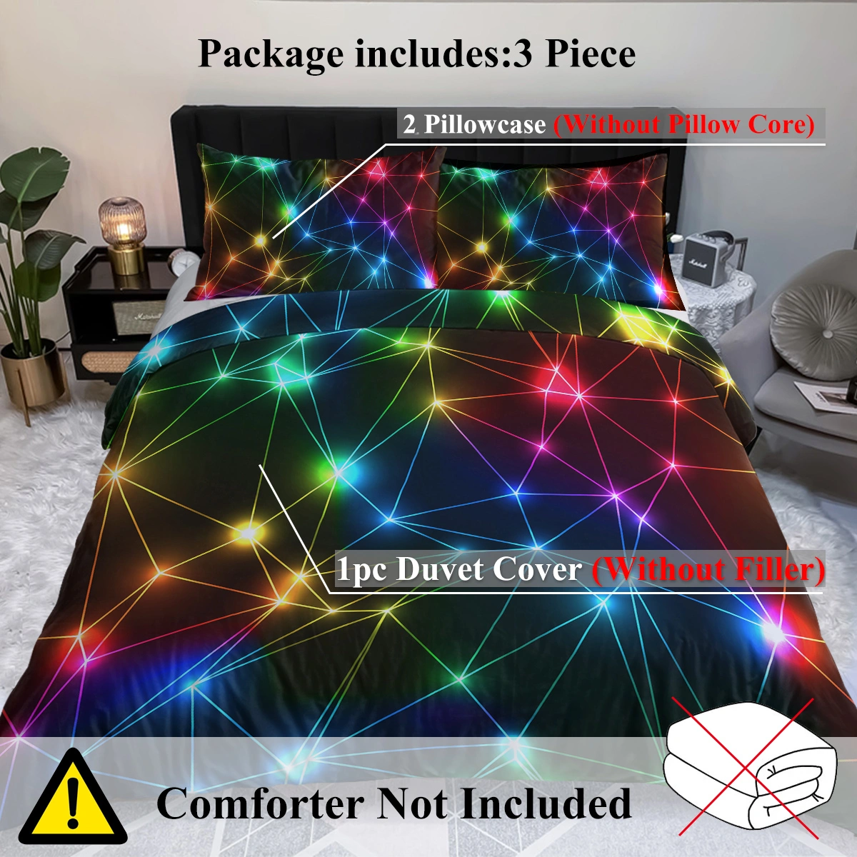 3 Piece Single Duvet Cover Set, Triangle Retro Neon Glowing Rainbow Laser Sparkle Bedding Set for Boys view 4