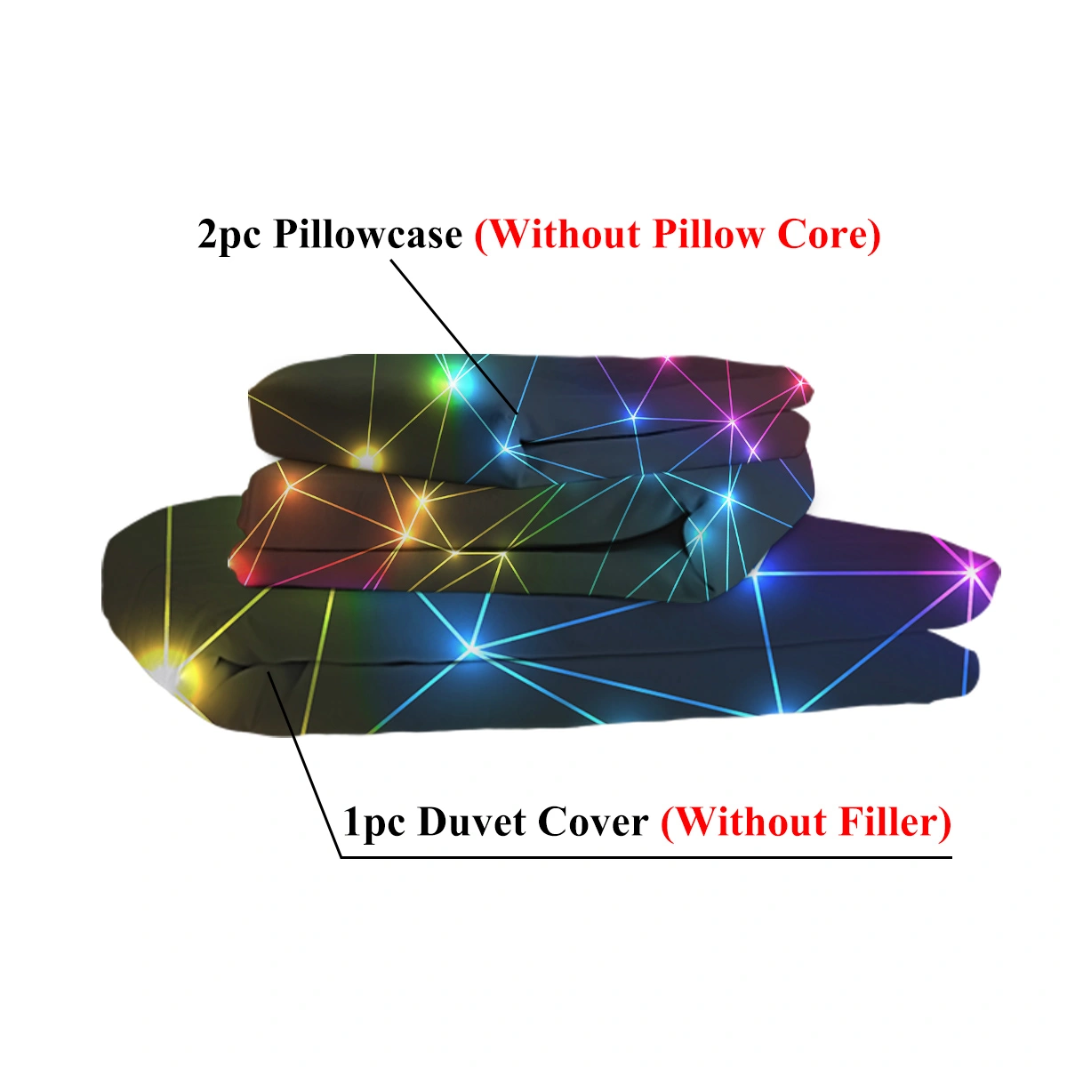 3 Piece Single Duvet Cover Set, Triangle Retro Neon Glowing Rainbow Laser Sparkle Bedding Set for Boys view 5