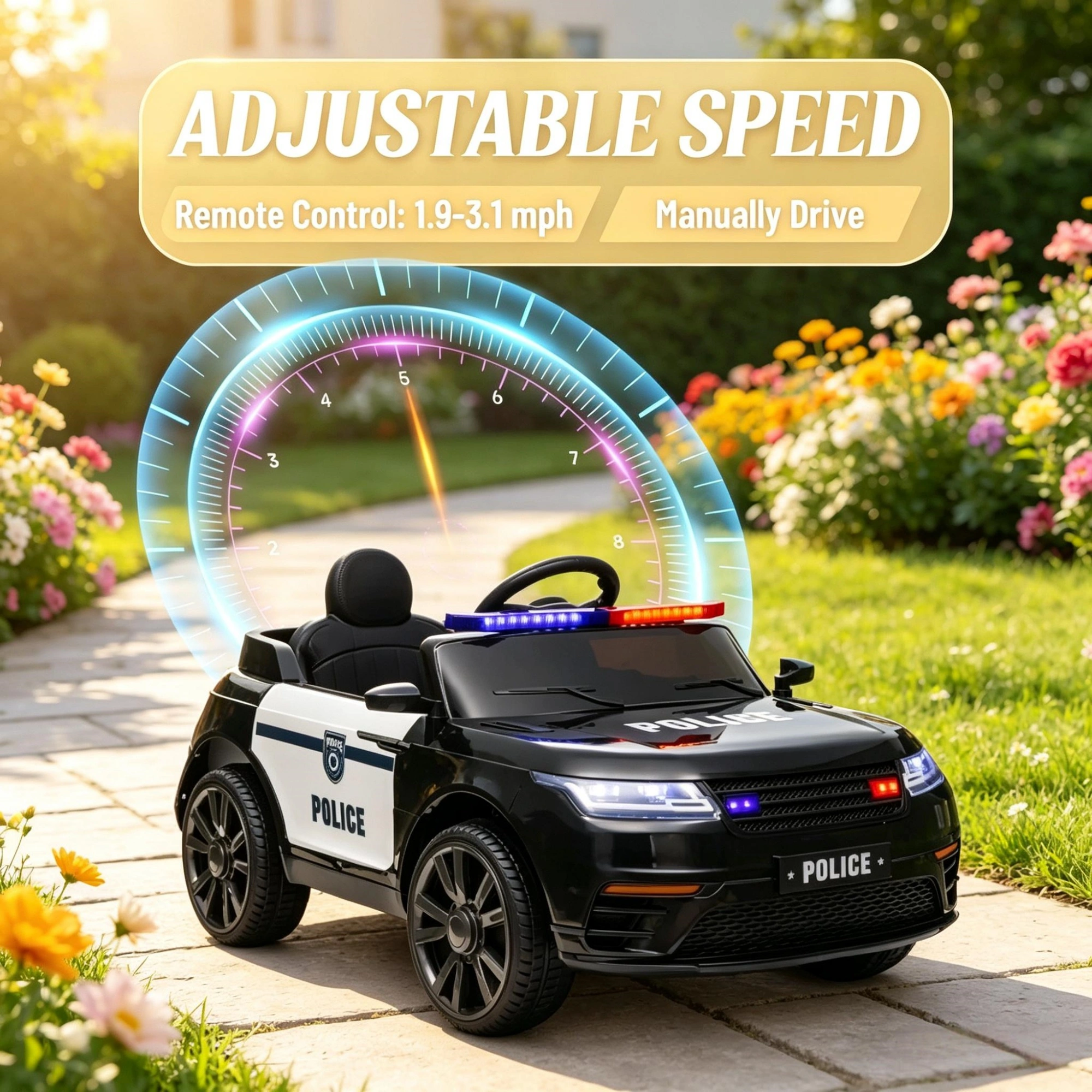 Black 12V Kids Electric Car - Remote Control, Siren, Lights, Music, Spring Suspension, Transport Wheels view 4
