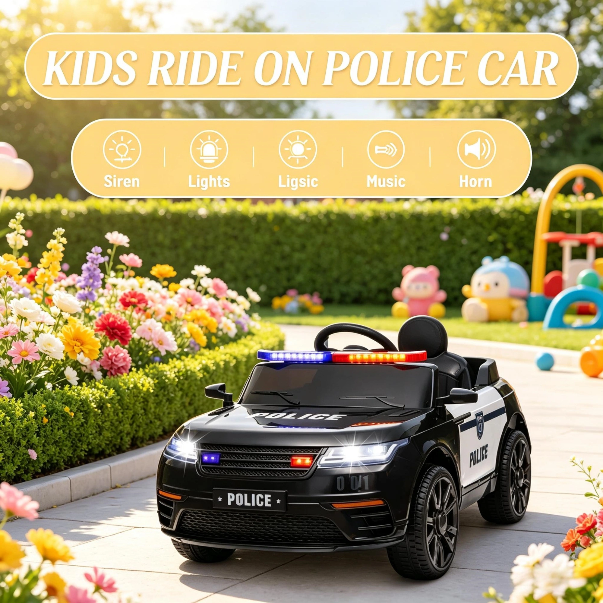 Black 12V Kids Electric Car - Remote Control, Siren, Lights, Music, Spring Suspension, Transport Wheels view 7