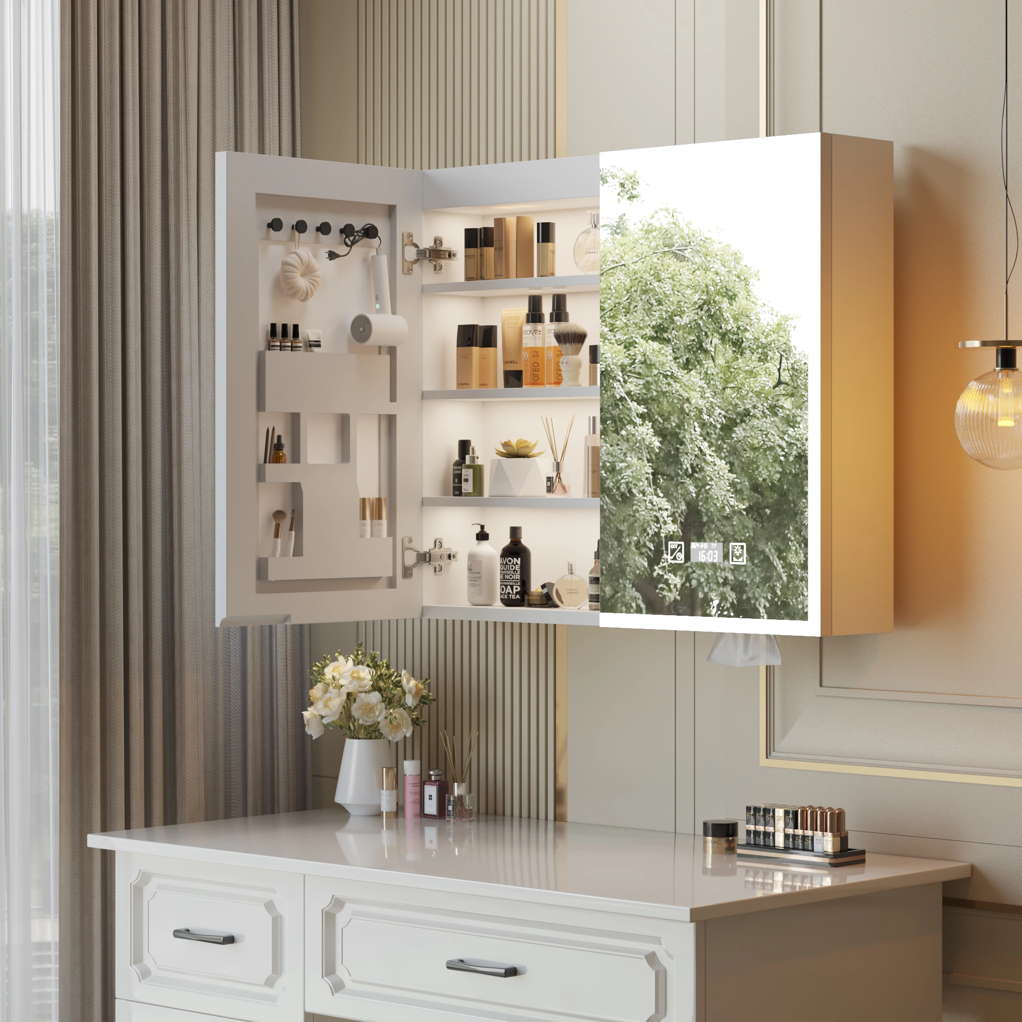 FCH 32x28 inch White LED Mirror Cabinet, Double Door 7 Shelves, Three-Tone Lighting, Time & Temperature Display, Power-Off Memory, Defogging