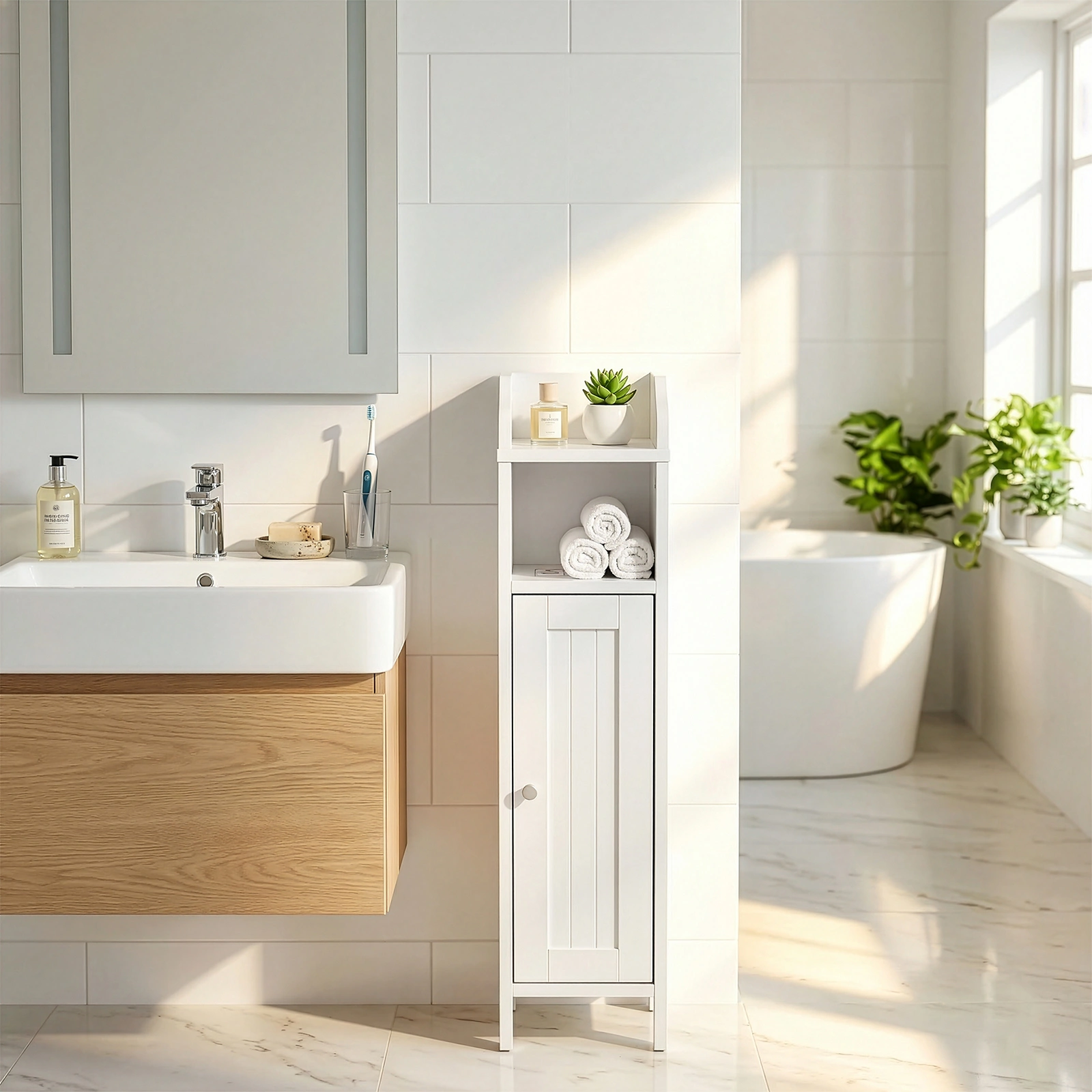 White Bathroom Cabinet 20x20x80cm MDF w/ Melamine Veneer Vertical Stripes, Door & Shelf, One Compartment Vanity view 2