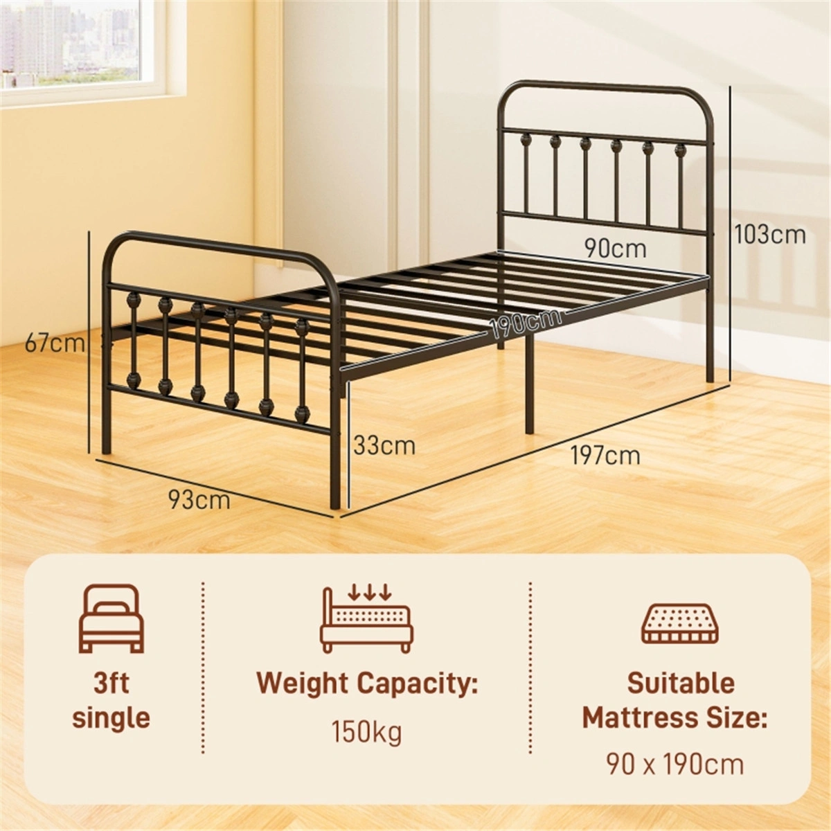 Durable Single Metal Bed Frame - Sleek Minimalist Design for Bedroom Storage view 2