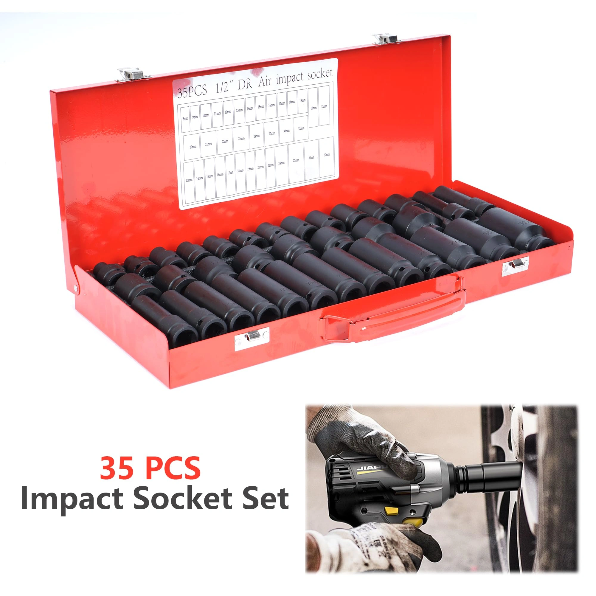 35-Piece 1/2 Inch Impact Socket Set, 6-Point Metric 8-32mm Deep Socket, Spindle Axle Nut, Portable Case, Red view 5