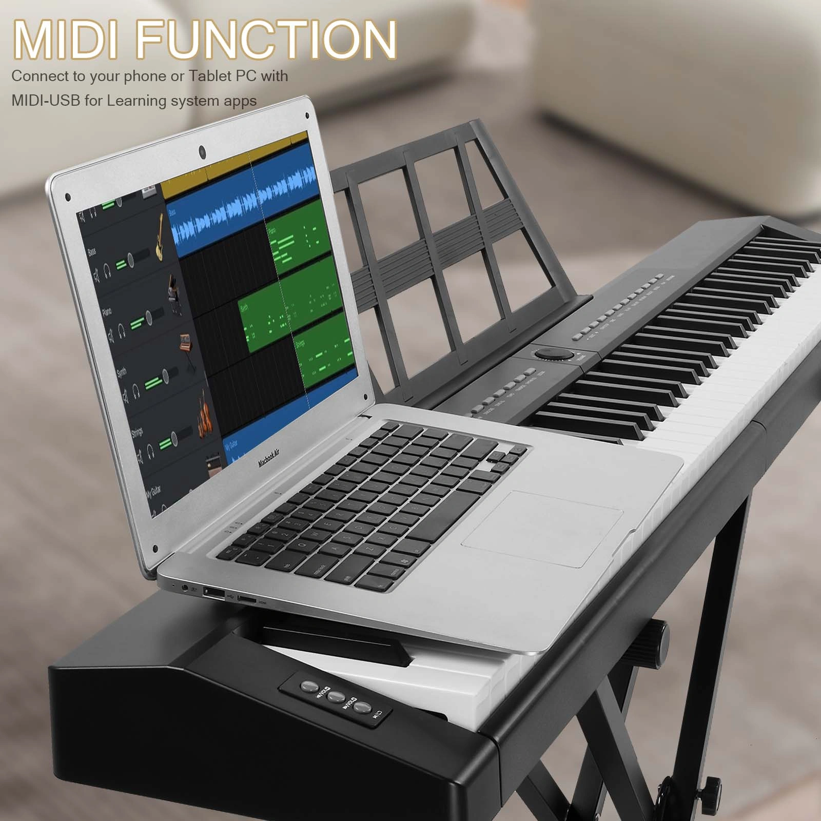 GPP-105 88 Key Semi-Weighted Digital Piano Keyboard, Full Size Weighted Keys with X-Shape Stand, MIDI Bluetooth, Headphone Output, Black view 3