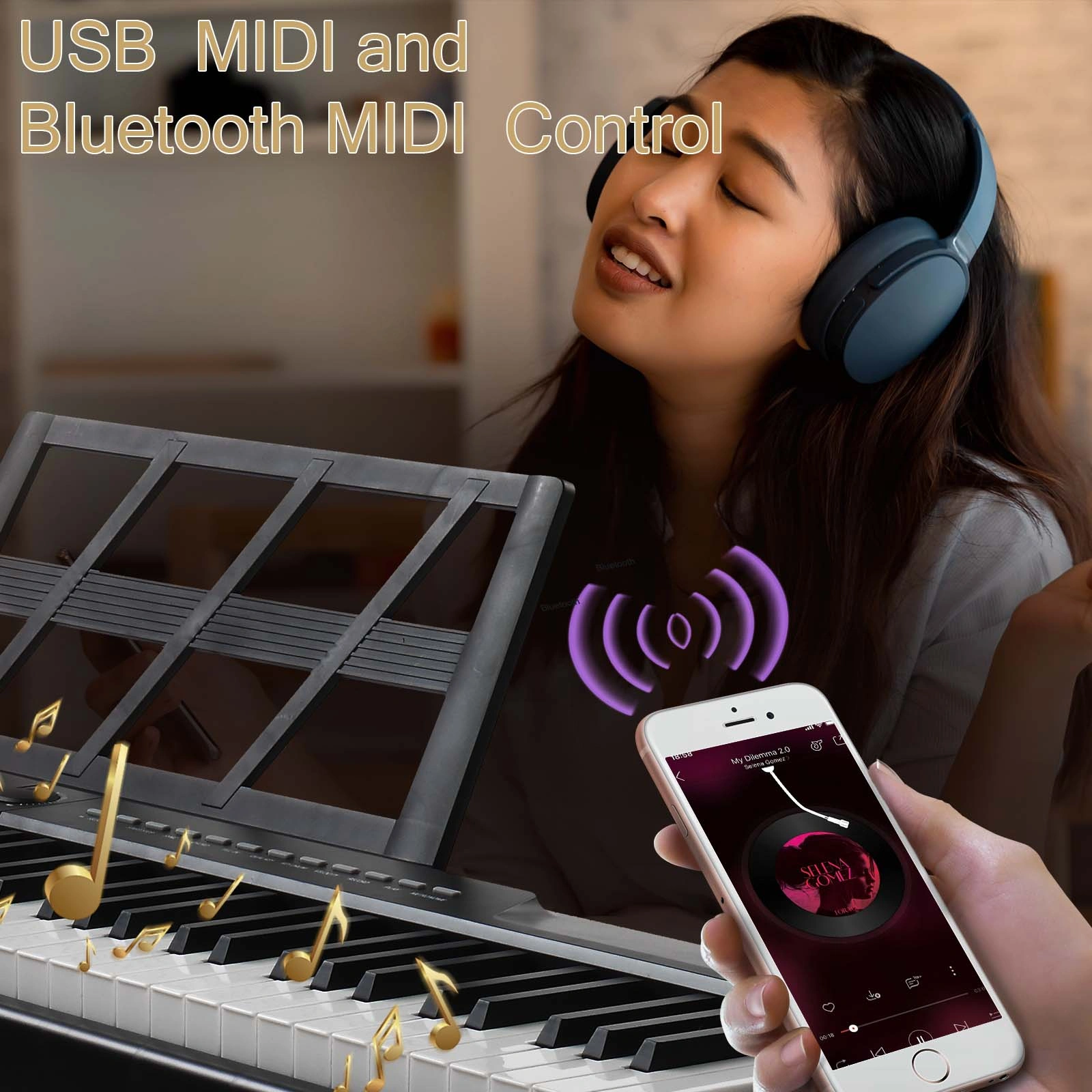 GPP-105 88 Key Semi-Weighted Digital Piano Keyboard, Full Size Weighted Keys with X-Shape Stand, MIDI Bluetooth, Headphone Output, Black view 8