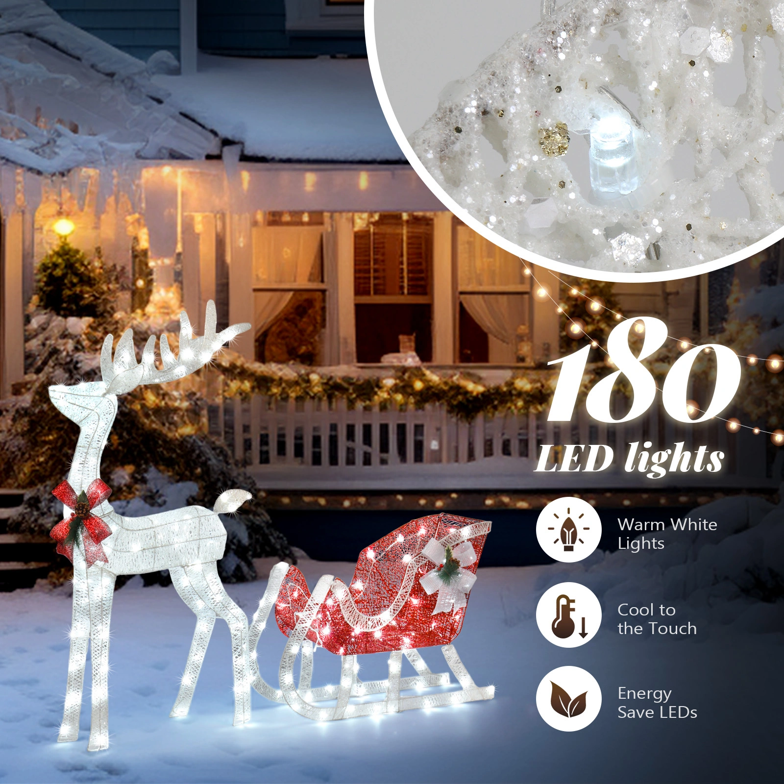 4ft Lighted Christmas Reindeer Sleigh Outdoor Yard Decoration Set with LED Lights, Red & White view 3