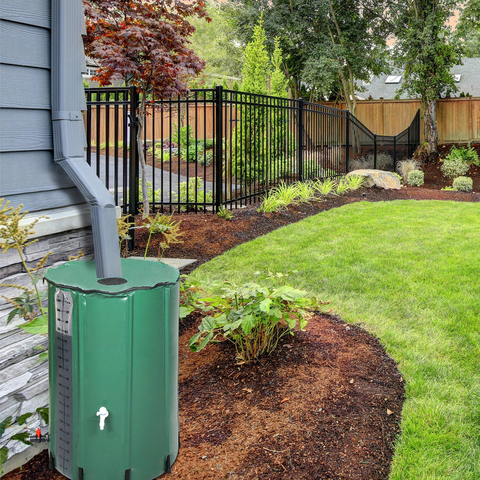 100 Gallon Rain Barrel PVC Water Collection Container with Measure Scale - Green Outdoor Garden Barrel view 14