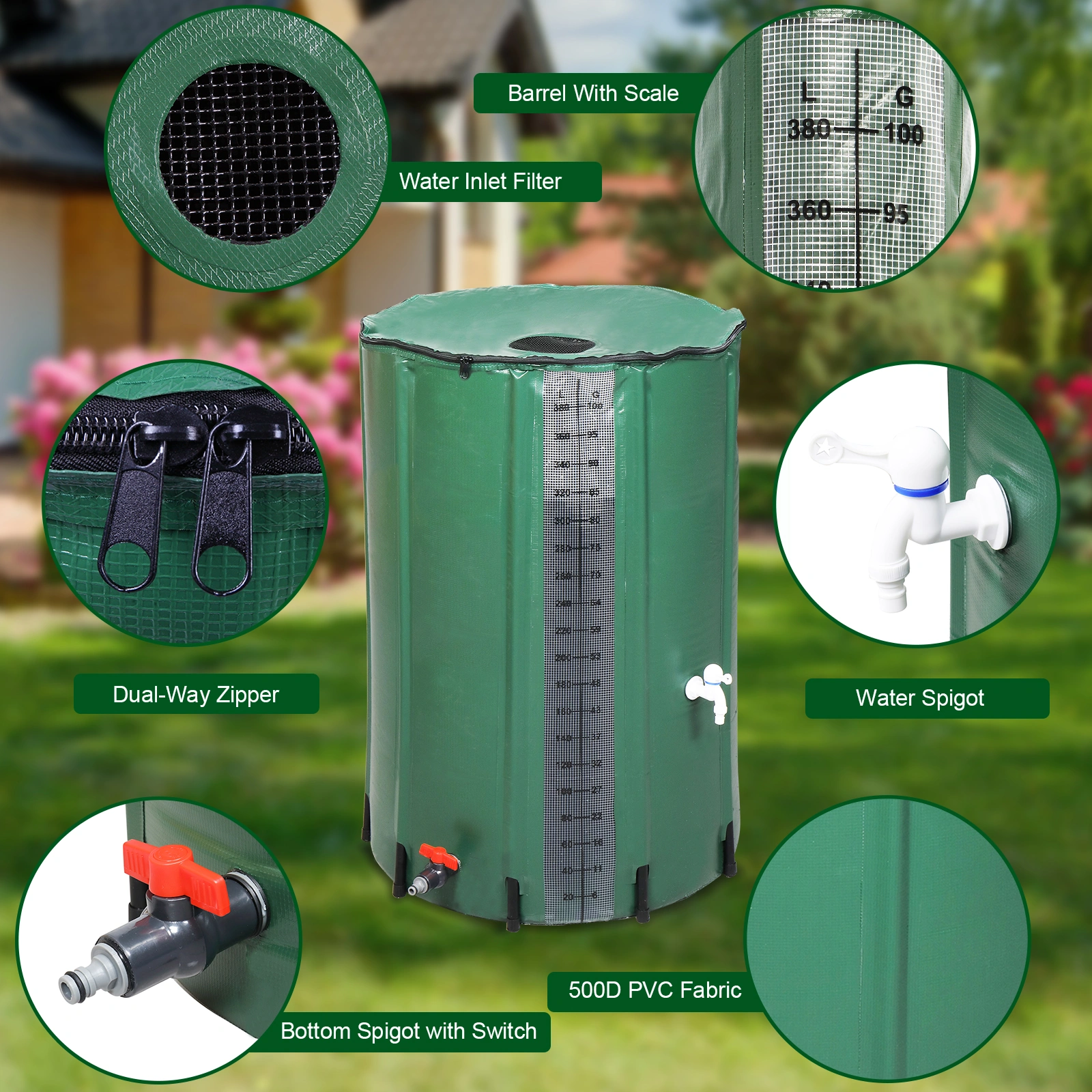 100 Gallon Rain Barrel PVC Water Collection Container with Measure Scale - Green Outdoor Garden Barrel view 19