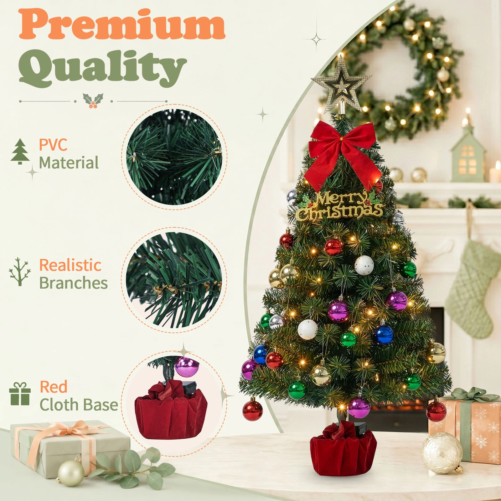 3FT Pre-Lit Christmas Tree, Green PVC Mini Xmas Tree with 50 Warm White LED Lights (8 Modes), 120 Branch Tips, Battery Operated, Includes Star Topper, Bow, Sign & Red Base view 5