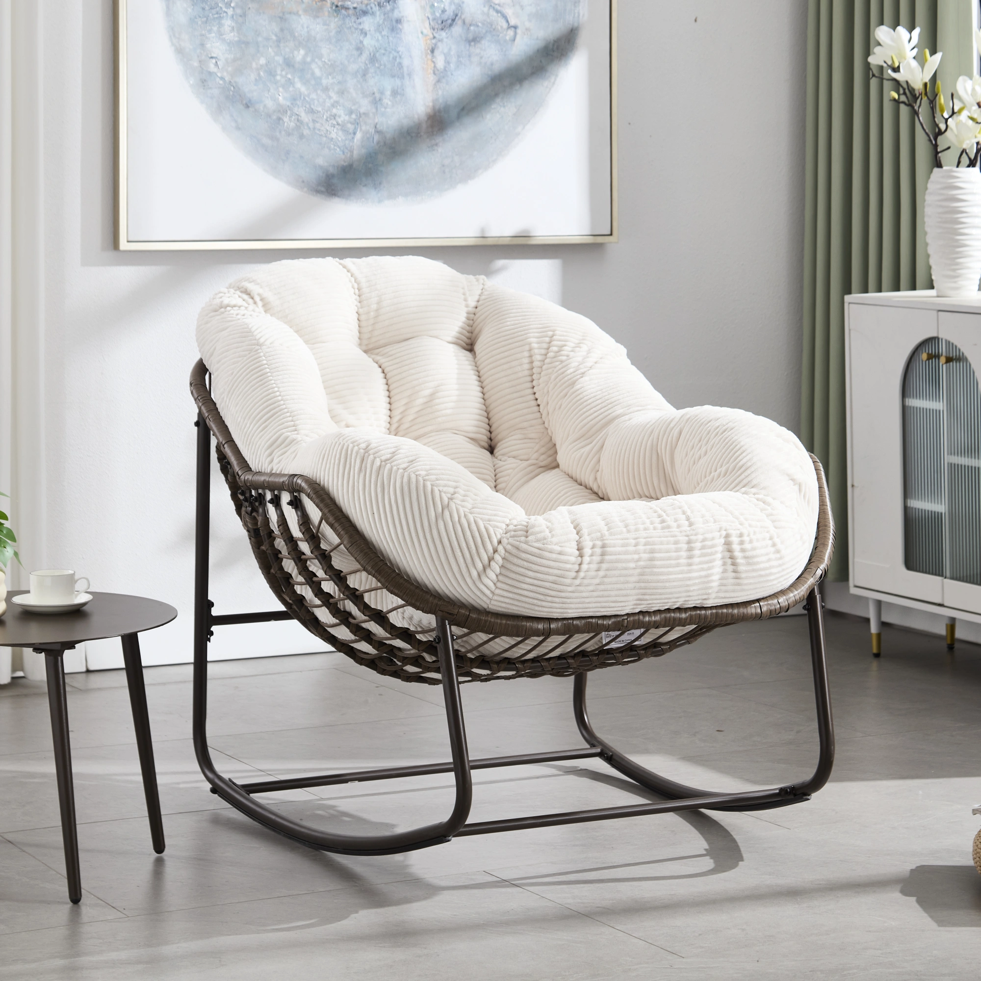 White Outdoor Rattan Rocking Chair with Padded Cushion, Recliner Rocker for Front Porch, Patio, Garden, Living Room view 2