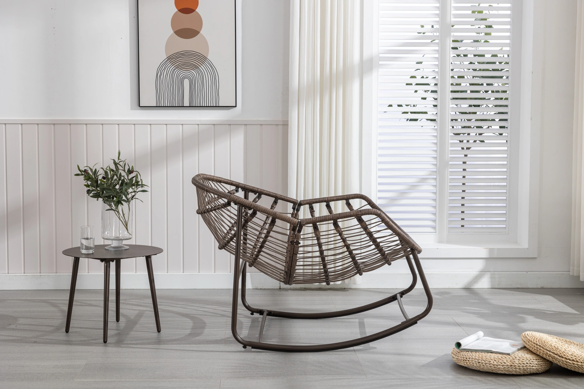 White Outdoor Rattan Rocking Chair with Padded Cushion, Recliner Rocker for Front Porch, Patio, Garden, Living Room view 5