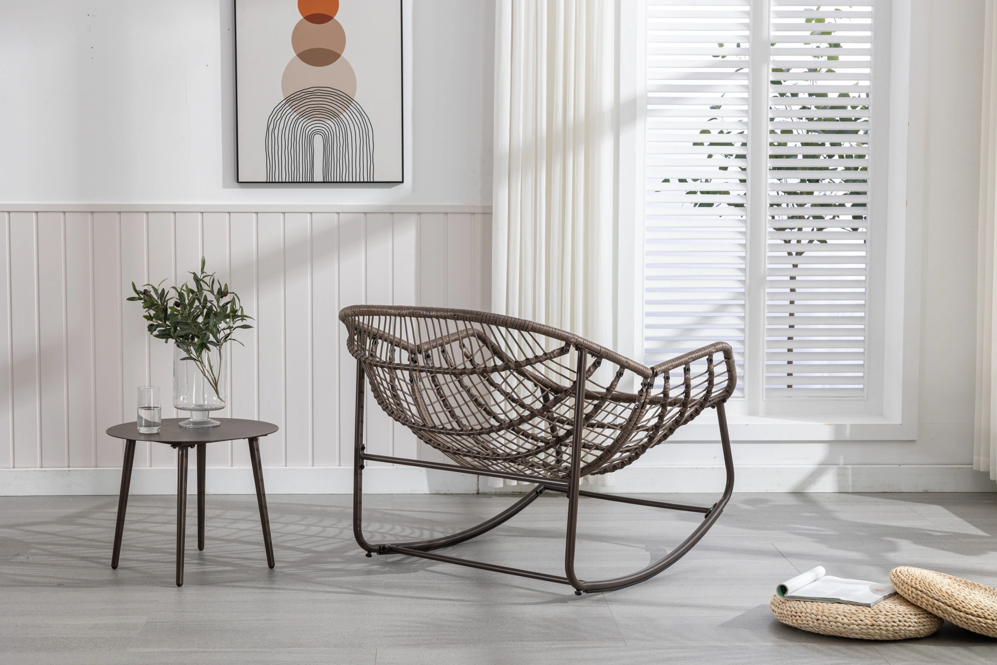 White Outdoor Rattan Rocking Chair with Padded Cushion, Recliner Rocker for Front Porch, Patio, Garden, Living Room view 6