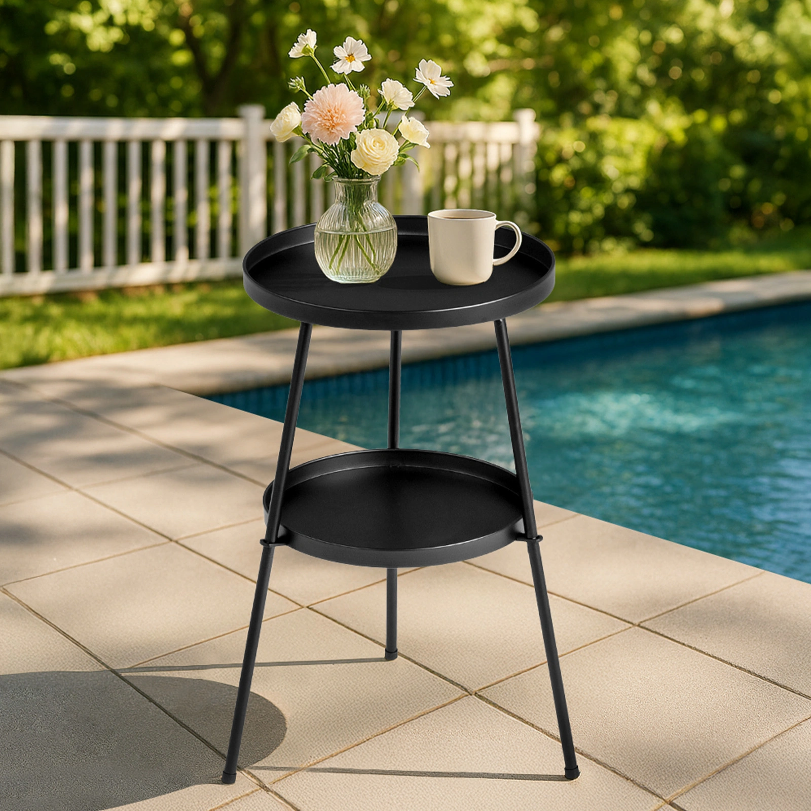 Patio Small Side Table, Round 2 Tier End Table, Metal Round Coffee Table for Indoor Outdoor, Black view 7