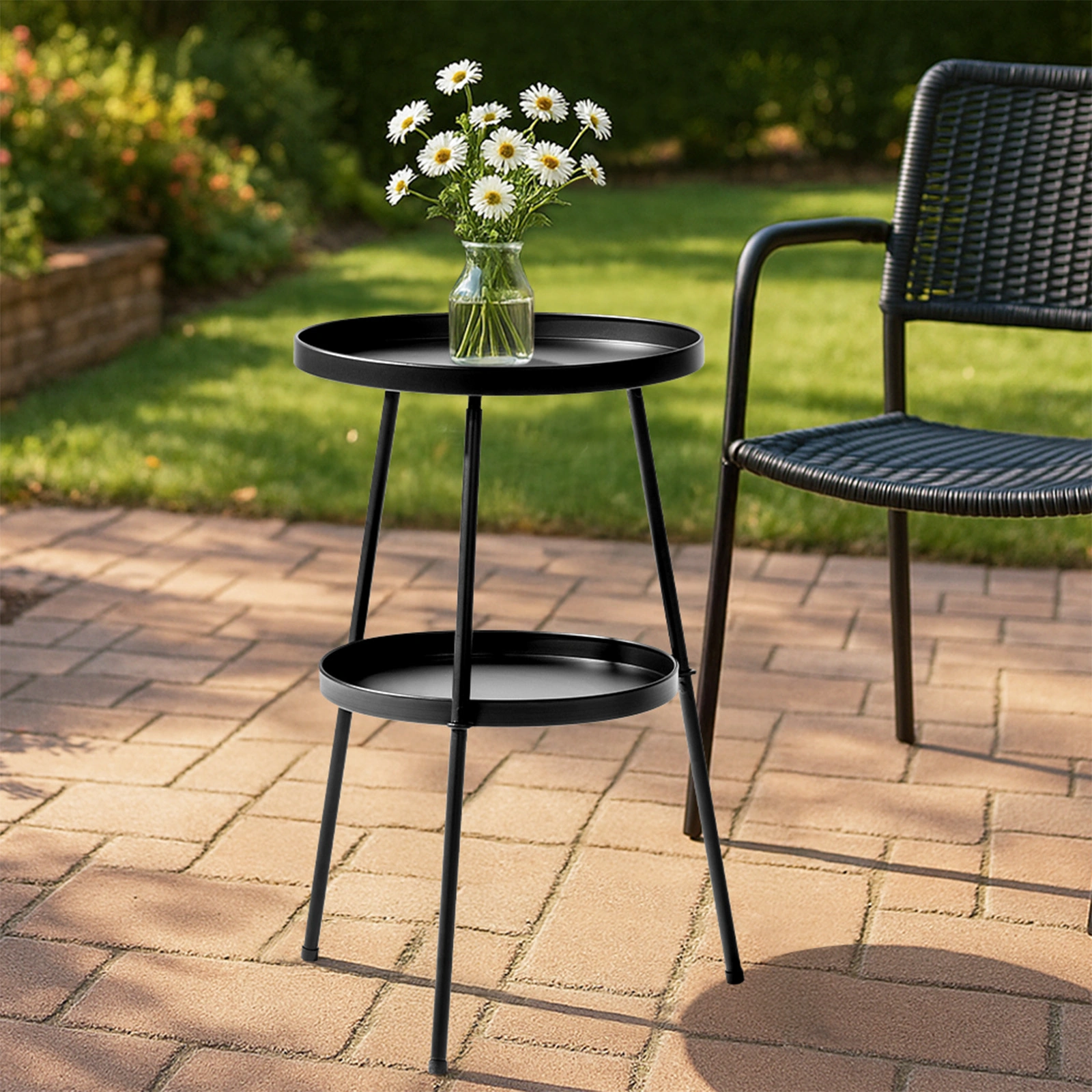 Patio Small Side Table, Round 2 Tier End Table, Metal Round Coffee Table for Indoor Outdoor, Black view 8