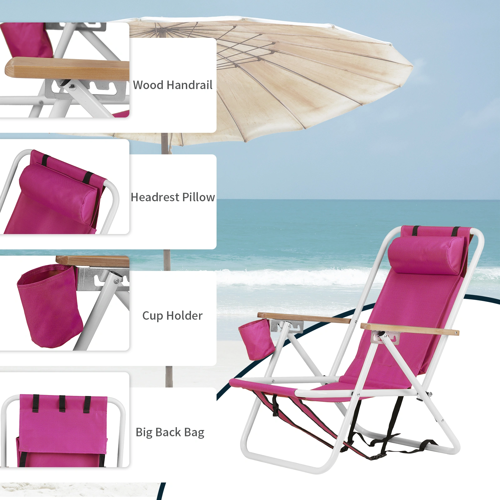 2 PCS Barbie Pink Folding Beach Chairs, 7.9 Inch Seat Height, 17.7 Inch Wide, 17.3 Inch Deep, Steel Tube Frame with Oxford Fabric, 120kg Load Capacity view 11