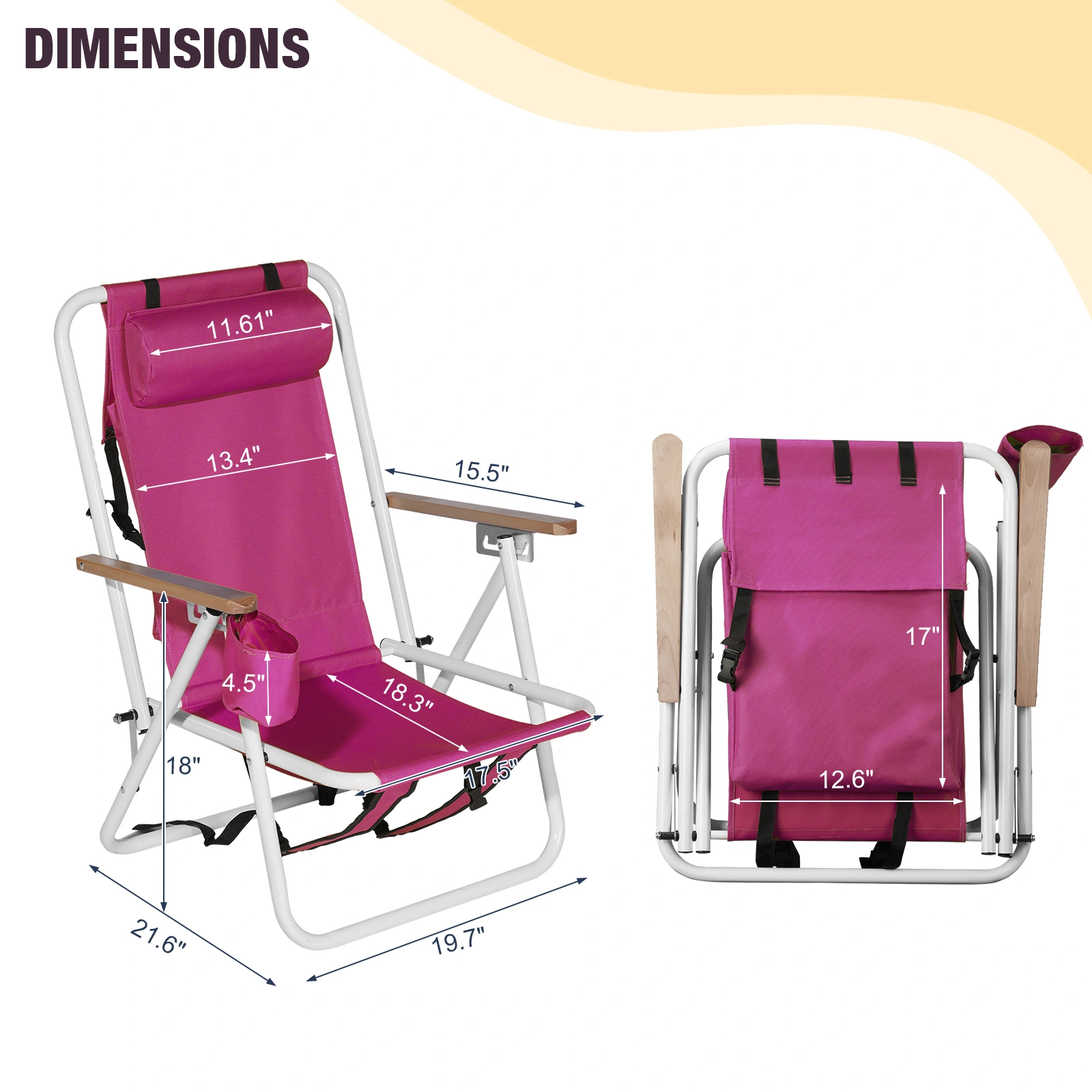 2 PCS Barbie Pink Folding Beach Chairs, 7.9 Inch Seat Height, 17.7 Inch Wide, 17.3 Inch Deep, Steel Tube Frame with Oxford Fabric, 120kg Load Capacity view 7
