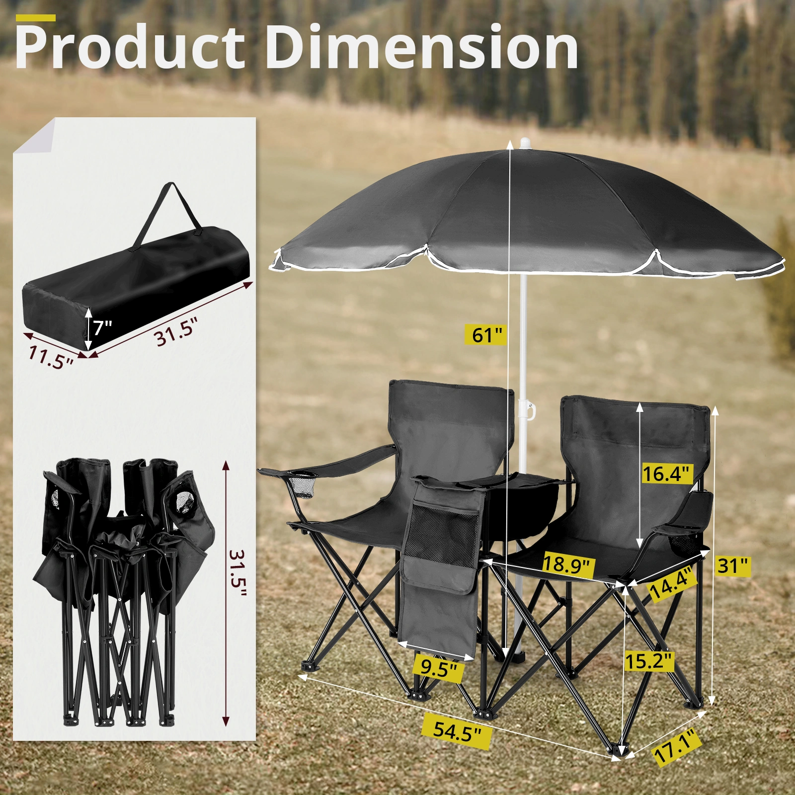 Portable Outdoor 2-Seat Folding Chair with Removable Sun Umbrella Black view 18
