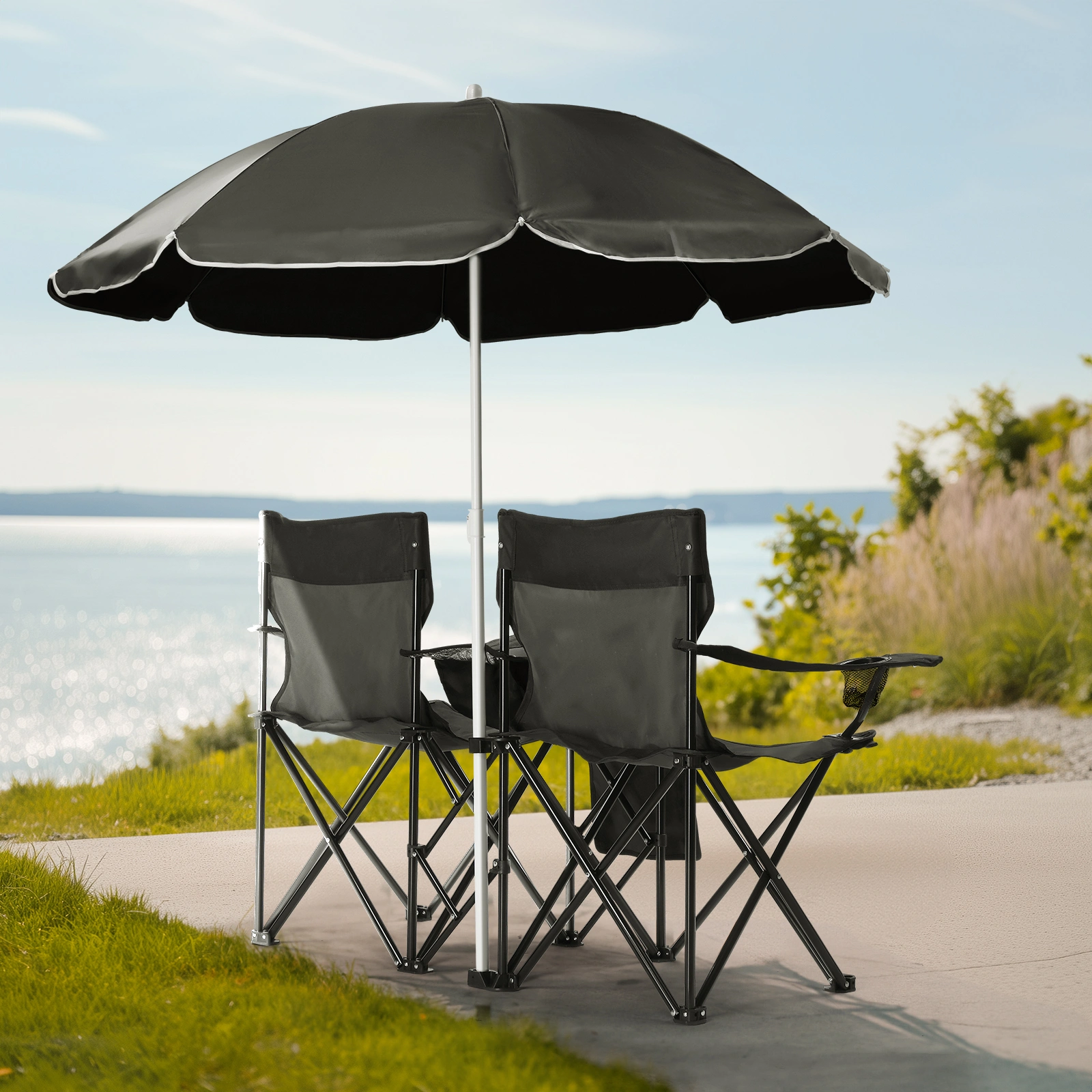 Portable Outdoor 2-Seat Folding Chair with Removable Sun Umbrella Black view 2