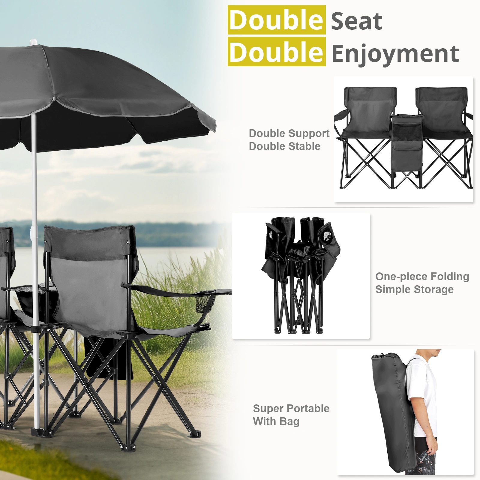 Portable Outdoor 2-Seat Folding Chair with Removable Sun Umbrella Black view 7
