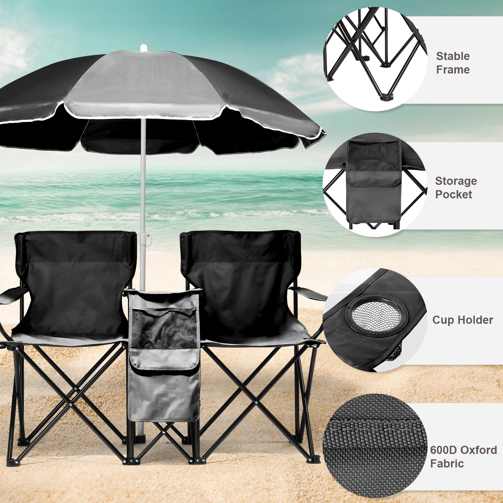 Portable Outdoor 2-Seat Folding Chair with Removable Sun Umbrella Black view 8