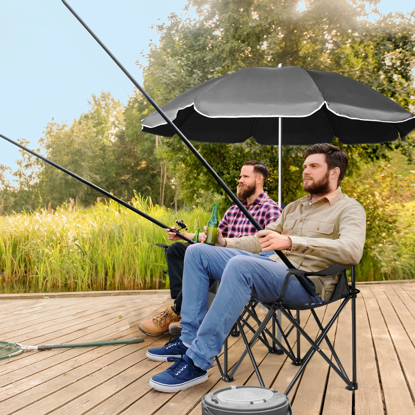 Portable Outdoor 2-Seat Folding Chair with Removable Sun Umbrella Black view 9