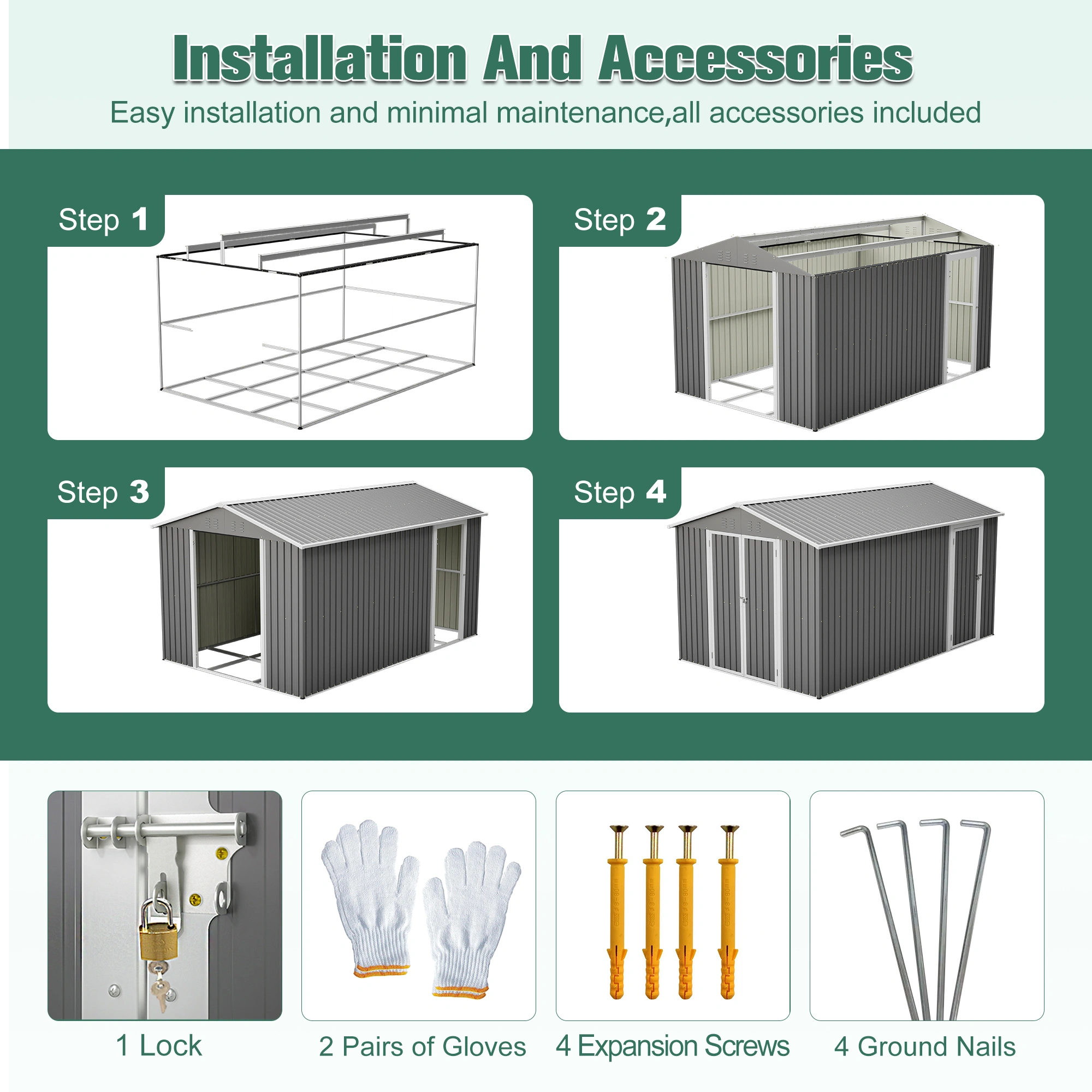 8'x12' Metal Storage Shed 584 Cu.FT, Outdoor Heavy Duty Garden Tool Shed, Waterproof UV Protected with Double Doors, Floor Frame, Vents & Lock view 3