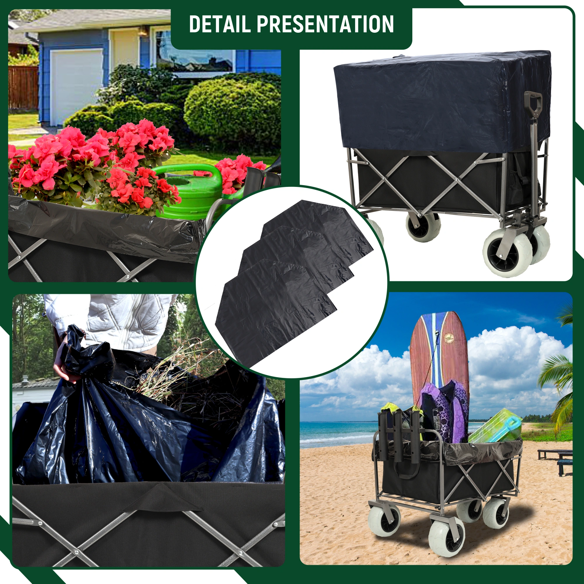 Fishing Cart with Rod Holders, 500lbs Beach Wagon with 9" Pneumatic Tires, All-Terrain Steel Frame Utility Cart with Multi-Use Bag, Black view 3