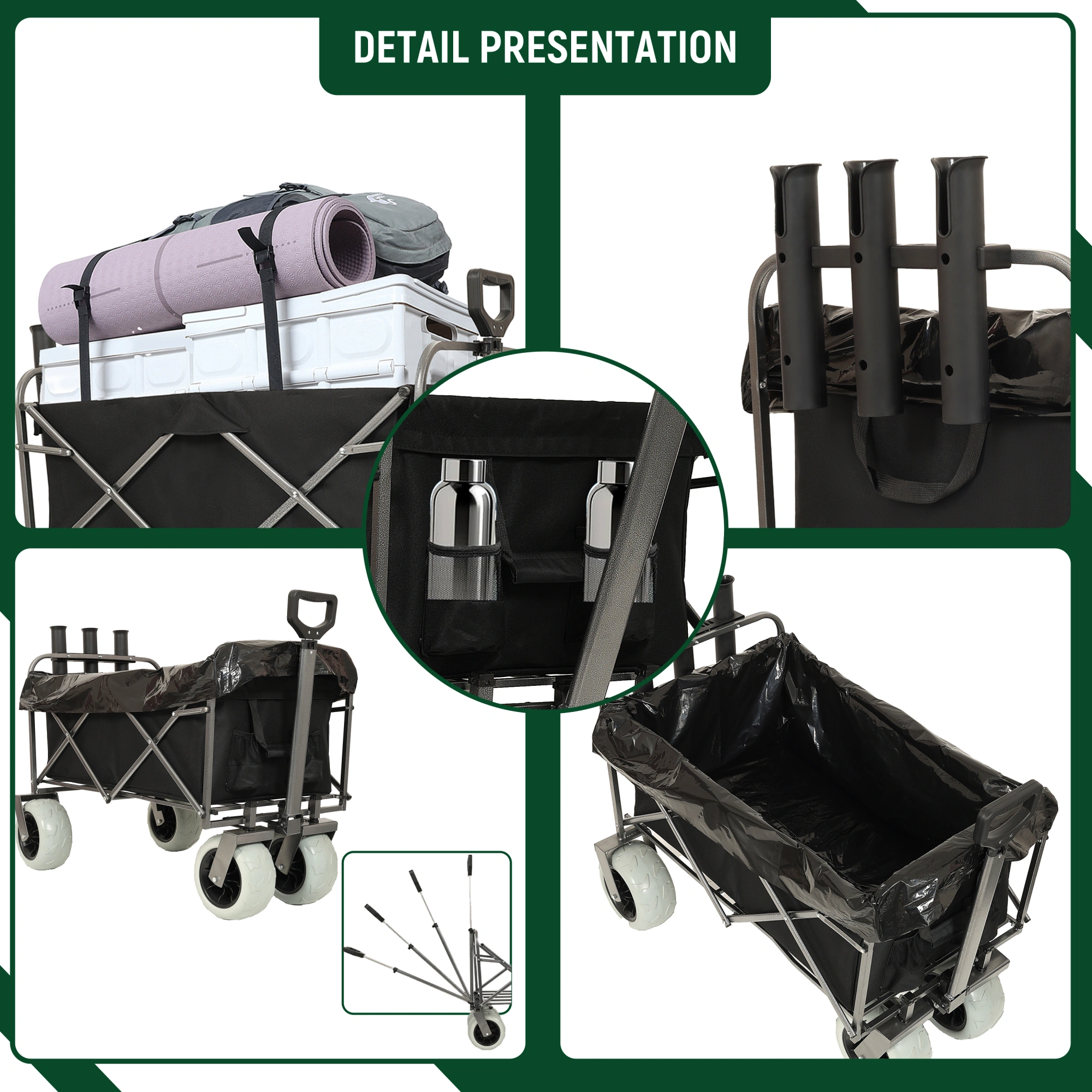Fishing Cart with Rod Holders, 500lbs Beach Wagon with 9" Pneumatic Tires, All-Terrain Steel Frame Utility Cart with Multi-Use Bag, Black view 5