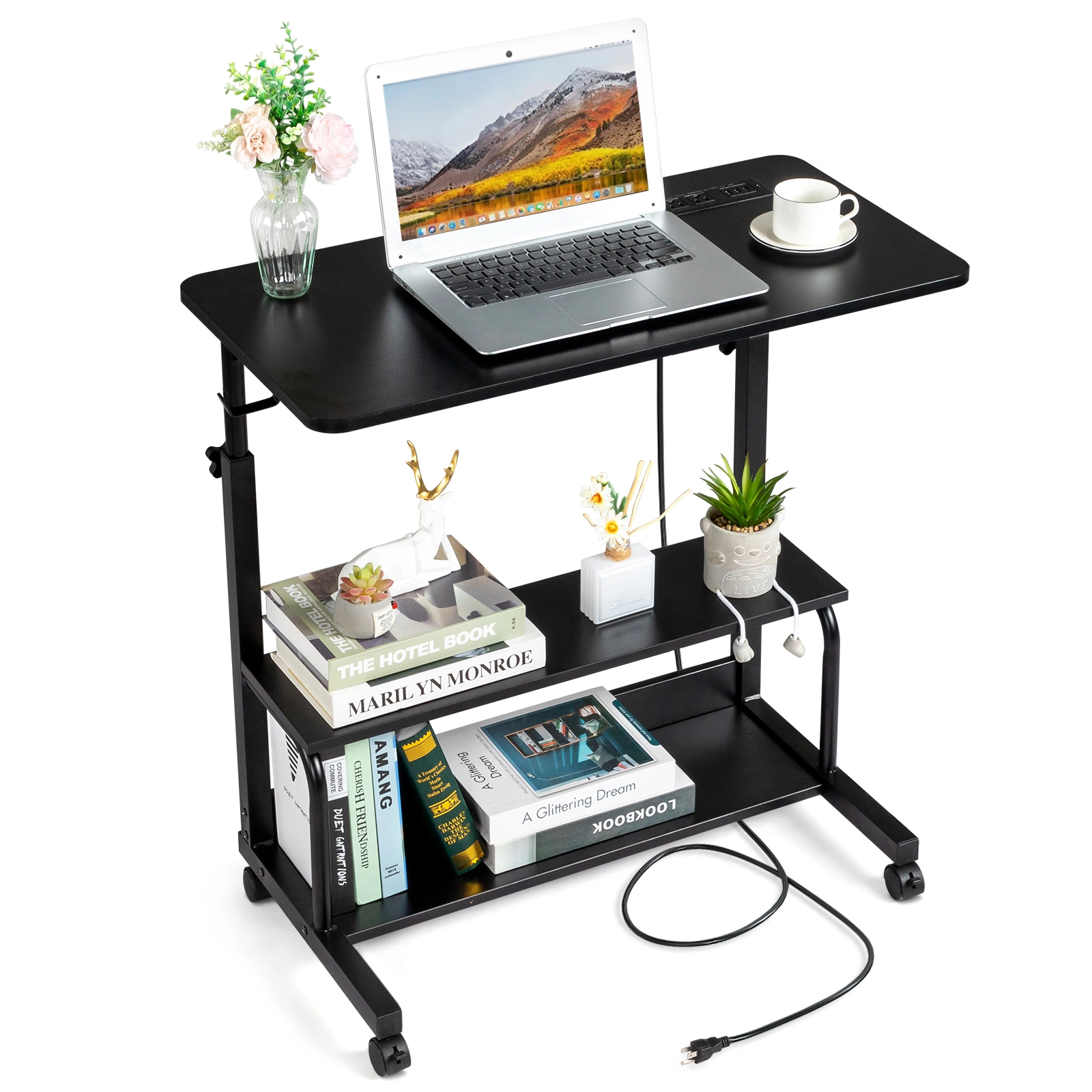 Black Wood Grain P2 15MM Particle Board with Melamine Coating Adjustable Computer Desk with 3 USB + 2 AC Outlets view 12