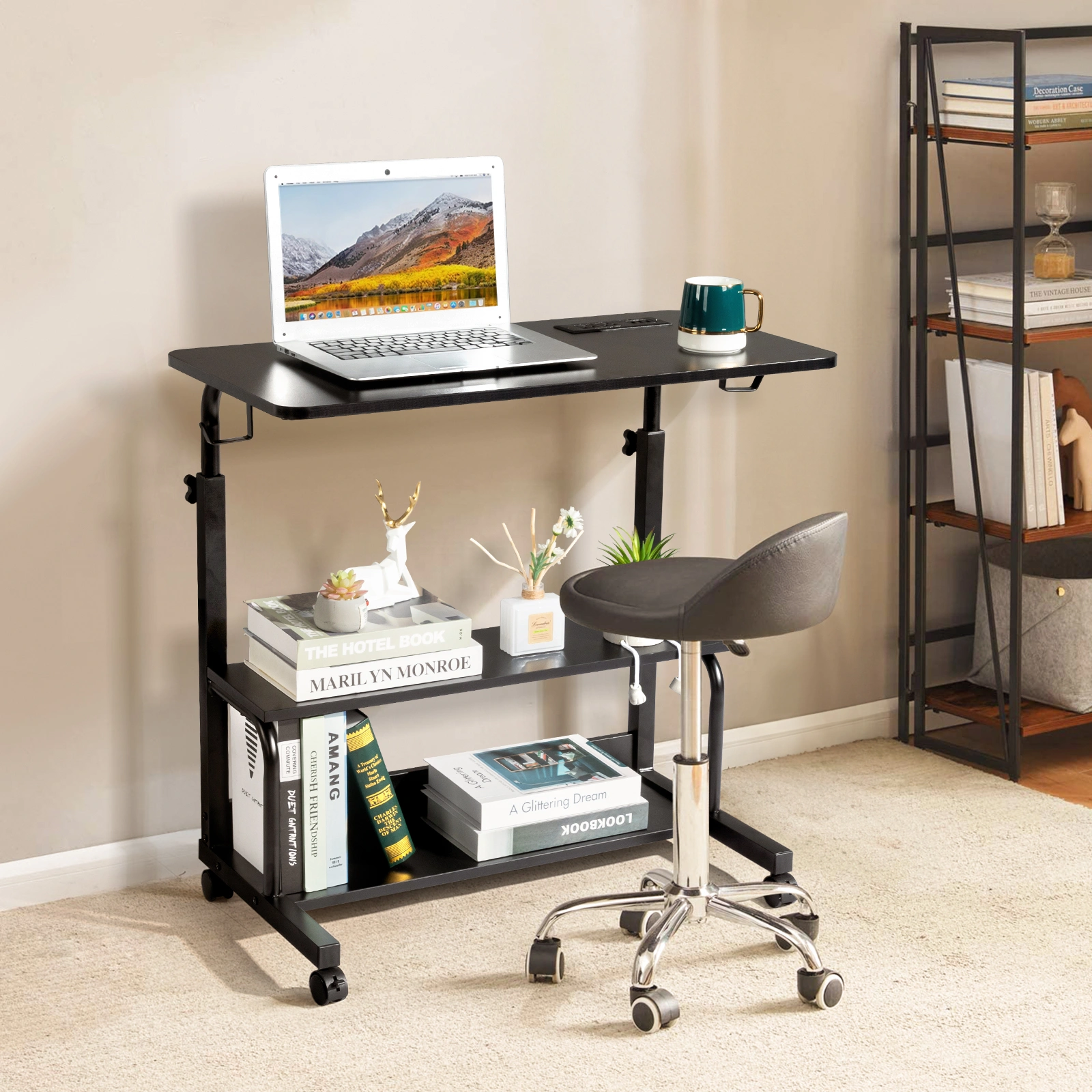 Black Wood Grain P2 15MM Particle Board with Melamine Coating Adjustable Computer Desk with 3 USB + 2 AC Outlets view 13