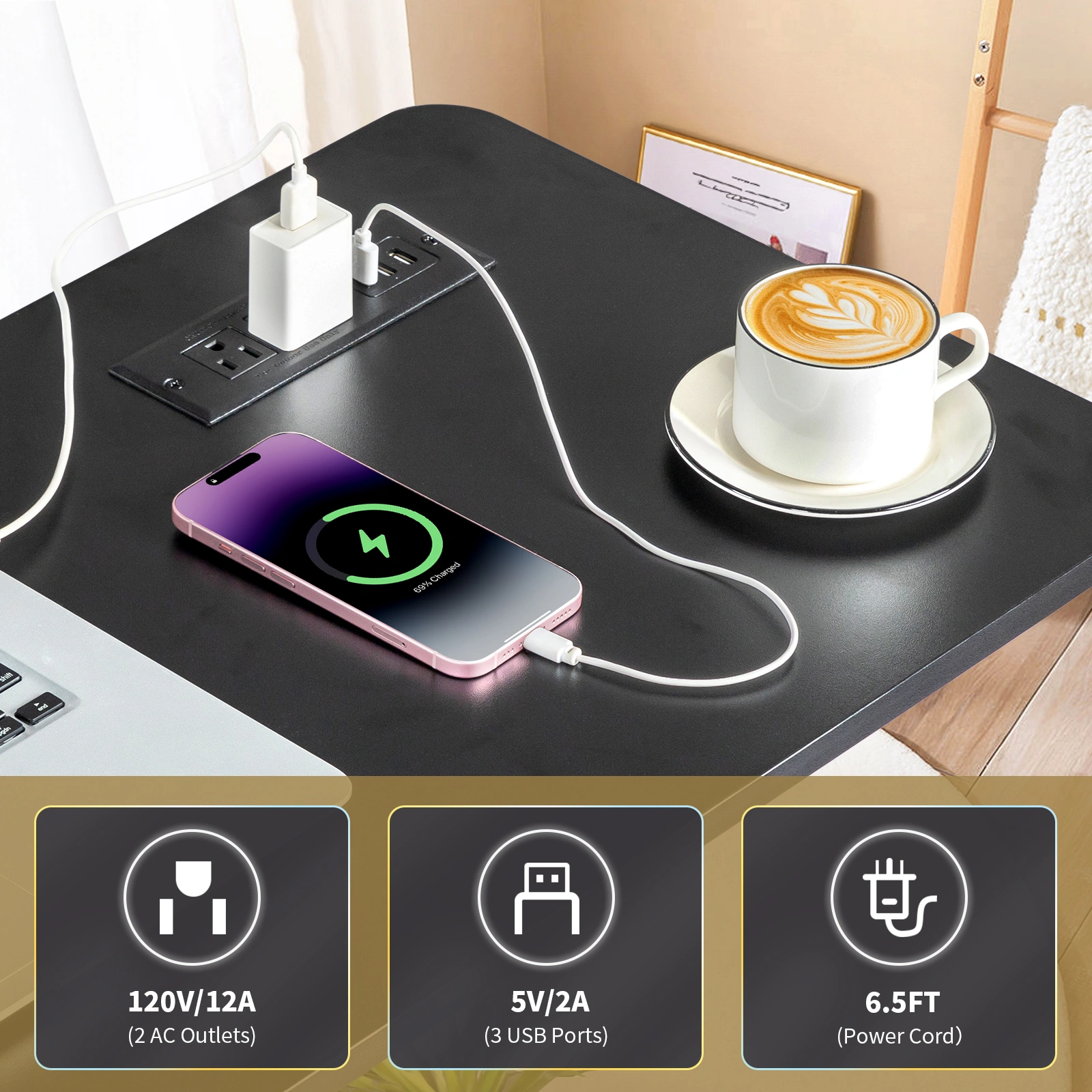 Black Wood Grain P2 15MM Particle Board with Melamine Coating Adjustable Computer Desk with 3 USB + 2 AC Outlets view 14