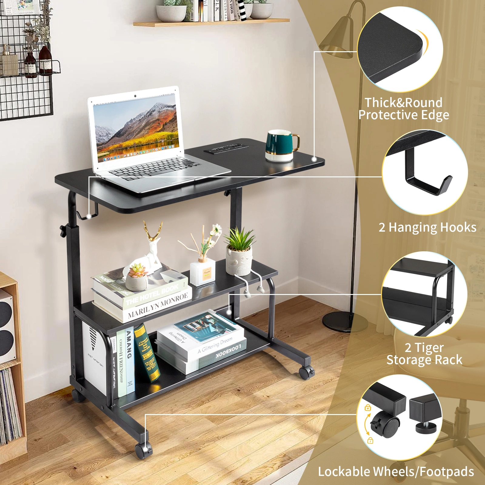 Black Wood Grain P2 15MM Particle Board with Melamine Coating Adjustable Computer Desk with 3 USB + 2 AC Outlets view 15