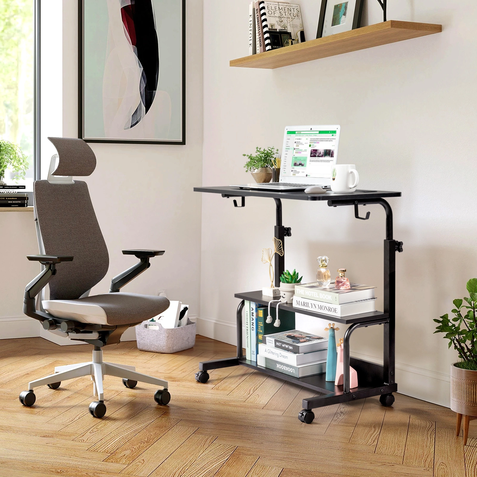 Black Wood Grain P2 15MM Particle Board with Melamine Coating Adjustable Computer Desk with 3 USB + 2 AC Outlets view 16