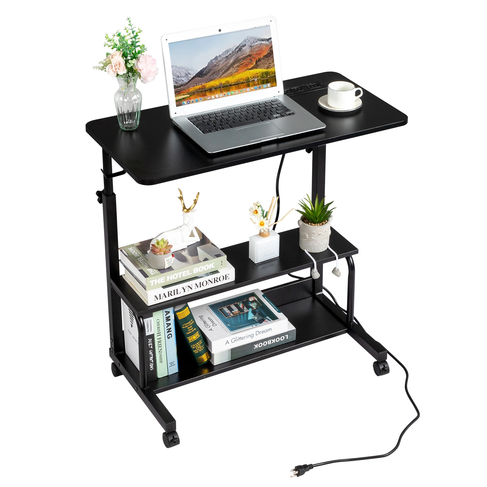 Black Wood Grain P2 15MM Particle Board with Melamine Coating Adjustable Computer Desk with 3 USB + 2 AC Outlets view 2